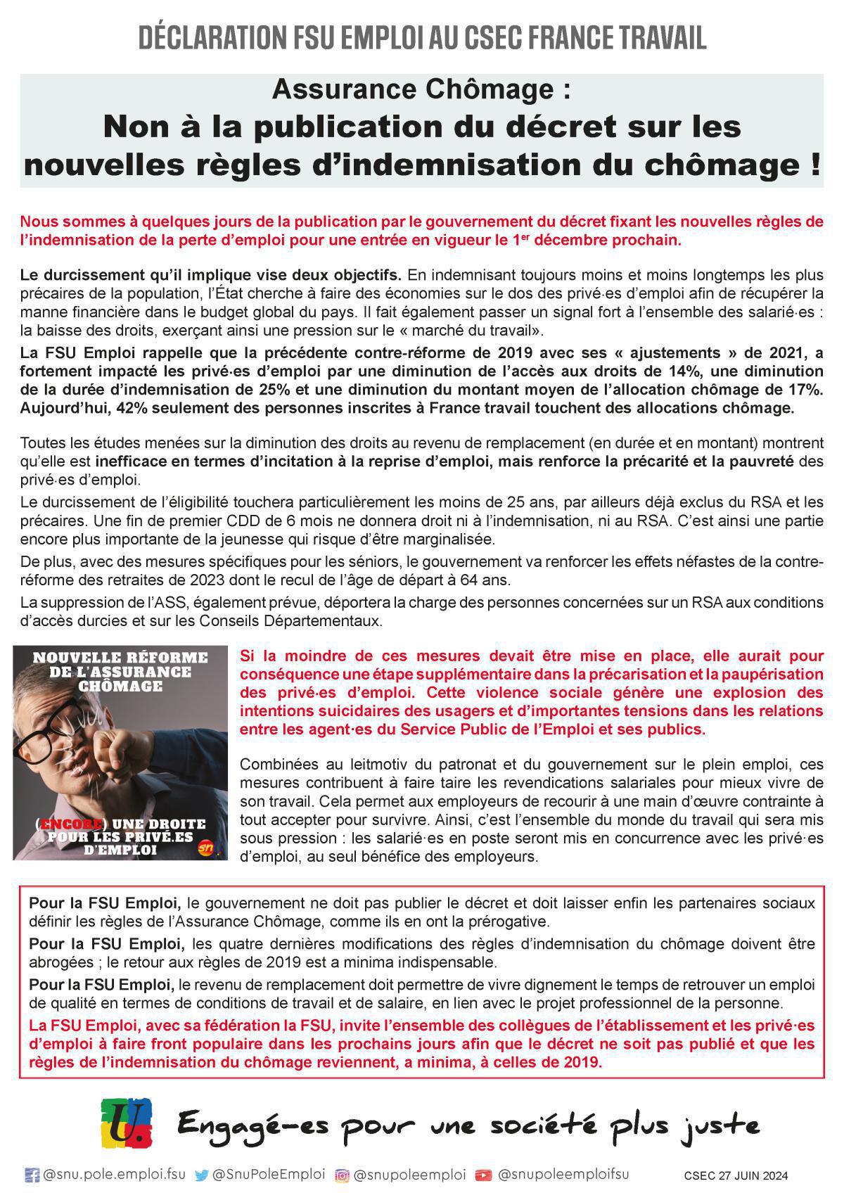 Non à la publication du décret sur les nouvelles règles d’indemnisation du chômage ! Non à la publication du décret sur les nouvelles règles d’indemnisation du chômage !