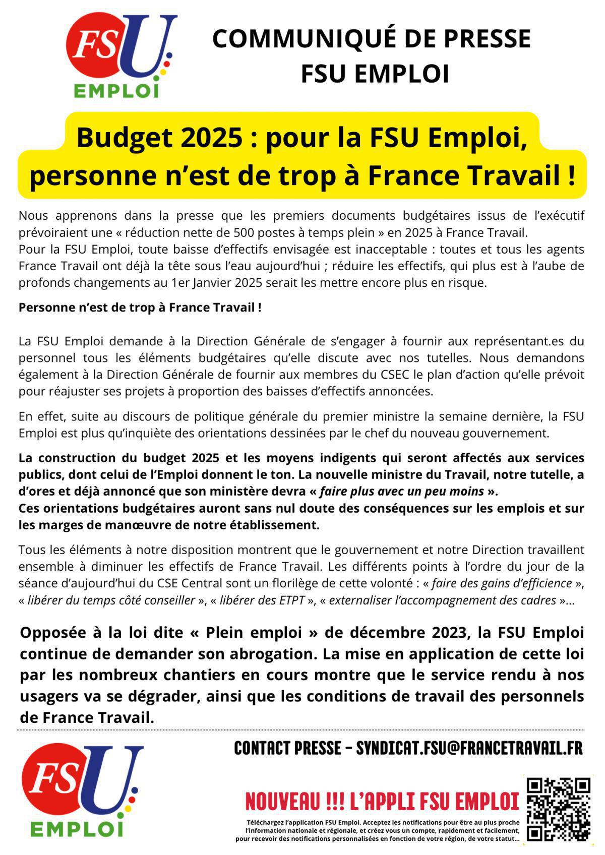 Budget 2025 : personne n’est de trop à France Travail !  Budget 2025 : personne n’est de trop à France Travail !