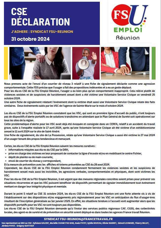Déclaration de la FSU Emploi Réunion au CSE du 31 octobre 2024