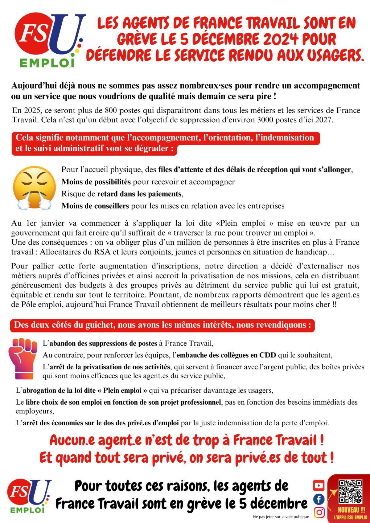 Les agents de France Travail sont en grève le 5 décembre 2024 pour défendre le service rendu aux usagers. Les agents de France Travail sont en grève le 5 décembre 2024 pour défendre le service rendu aux usagers.