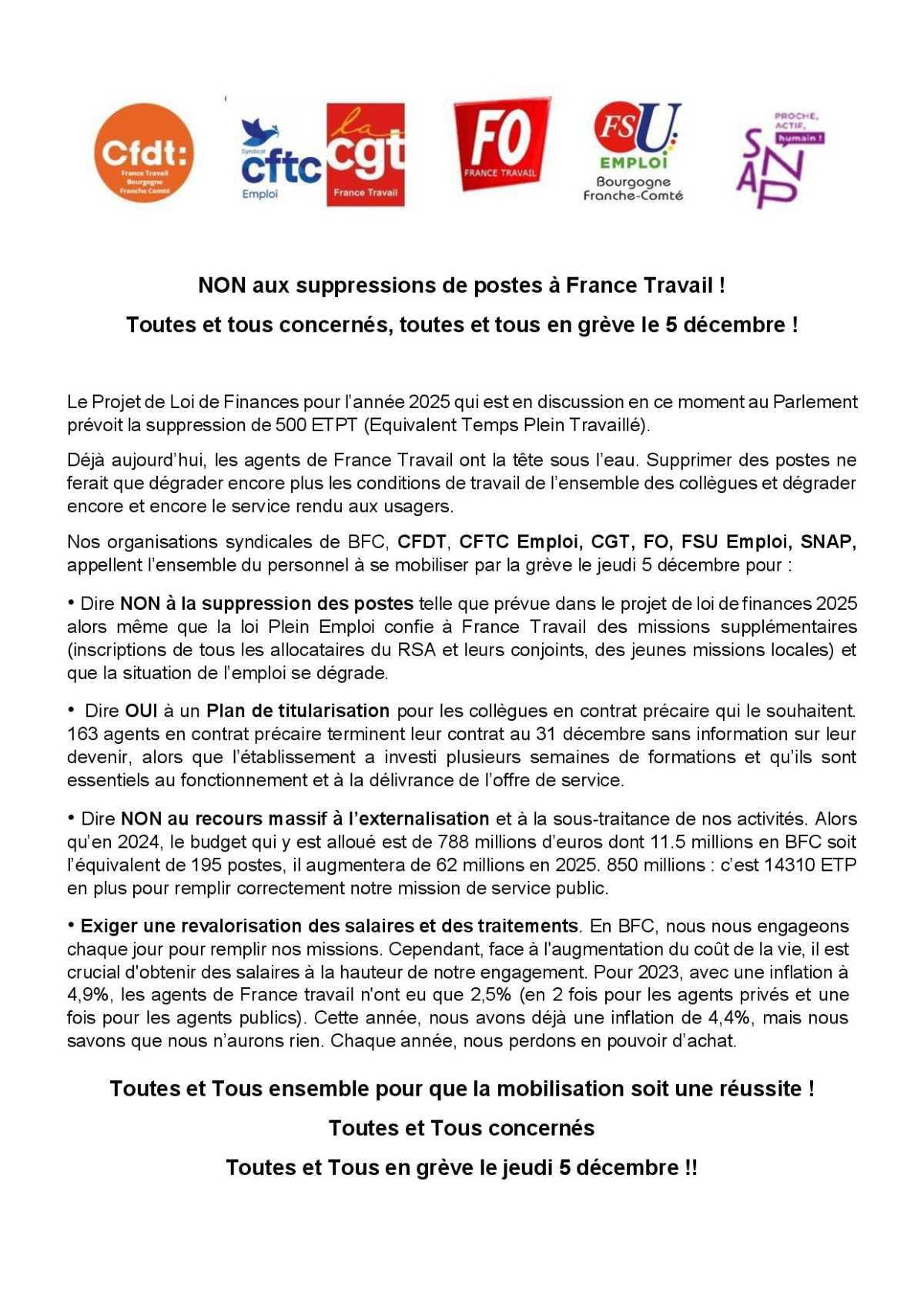 NON aux suppressions de postes à France Travail ! Toutes et tous concernés, toutes et tous en grève le 5 décembre ! NON aux suppressions de postes à France Travail ! Toutes et tous concernés, toutes et tous en grève le 5 décembre !