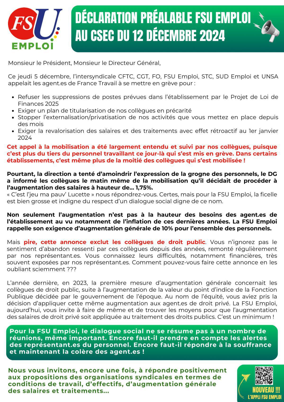 Déclaration FSU Emploi au CSEC du 12 décembre 2024 Déclaration FSU Emploi au CSEC du 12 décembre 2024
