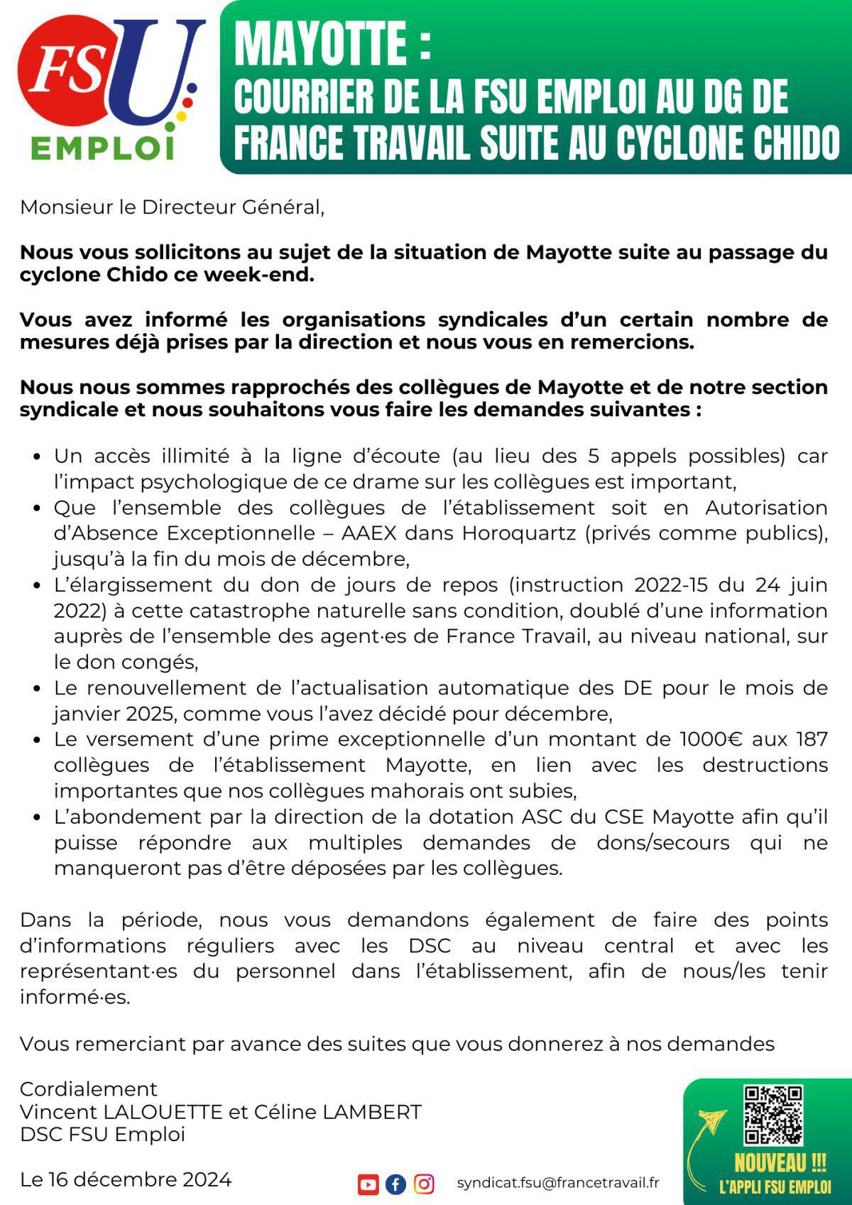 Situation à Mayotte : courrier de la FSU Emploi au DG  Situation à Mayotte : courrier de la FSU Emploi au DG