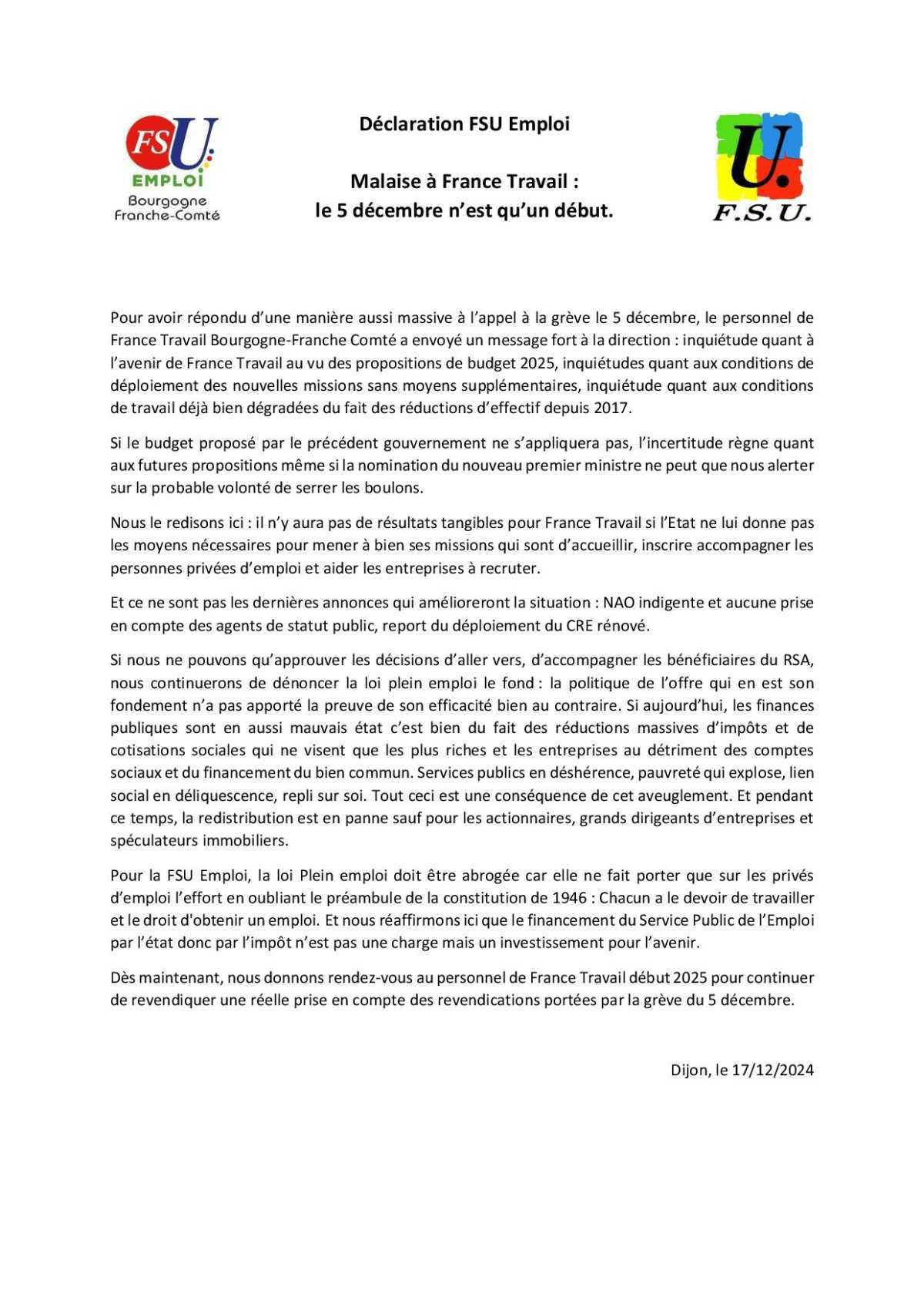 Déclaration FSU Emploi BFC au CSE du 17 décembre 2024 Déclaration FSU Emploi BFC au CSE du 17 décembre 2024