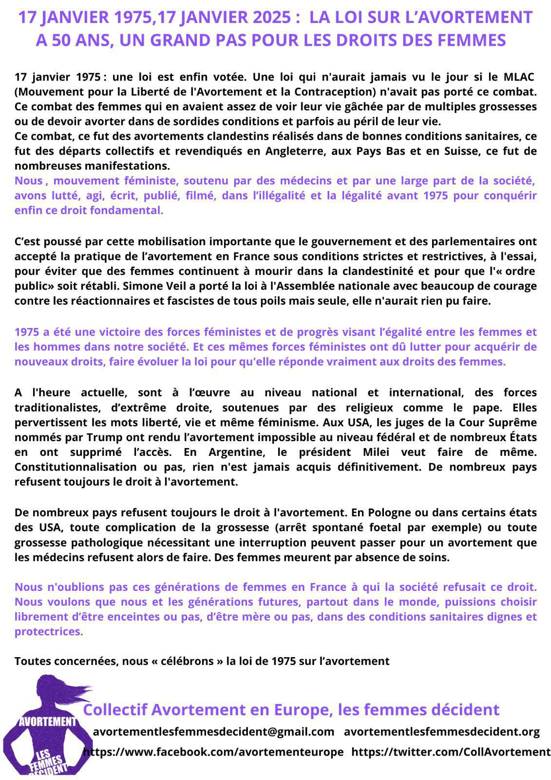 17 janvier 1975 – 17 janvier 2025 : la loi sur l’avortement a 50 ans, un grand pas pour les droits des Femmes 17 janvier 1975 – 17 janvier 2025 : la loi sur l’avortement a 50 ans, un grand pas pour les droits des Femmes
