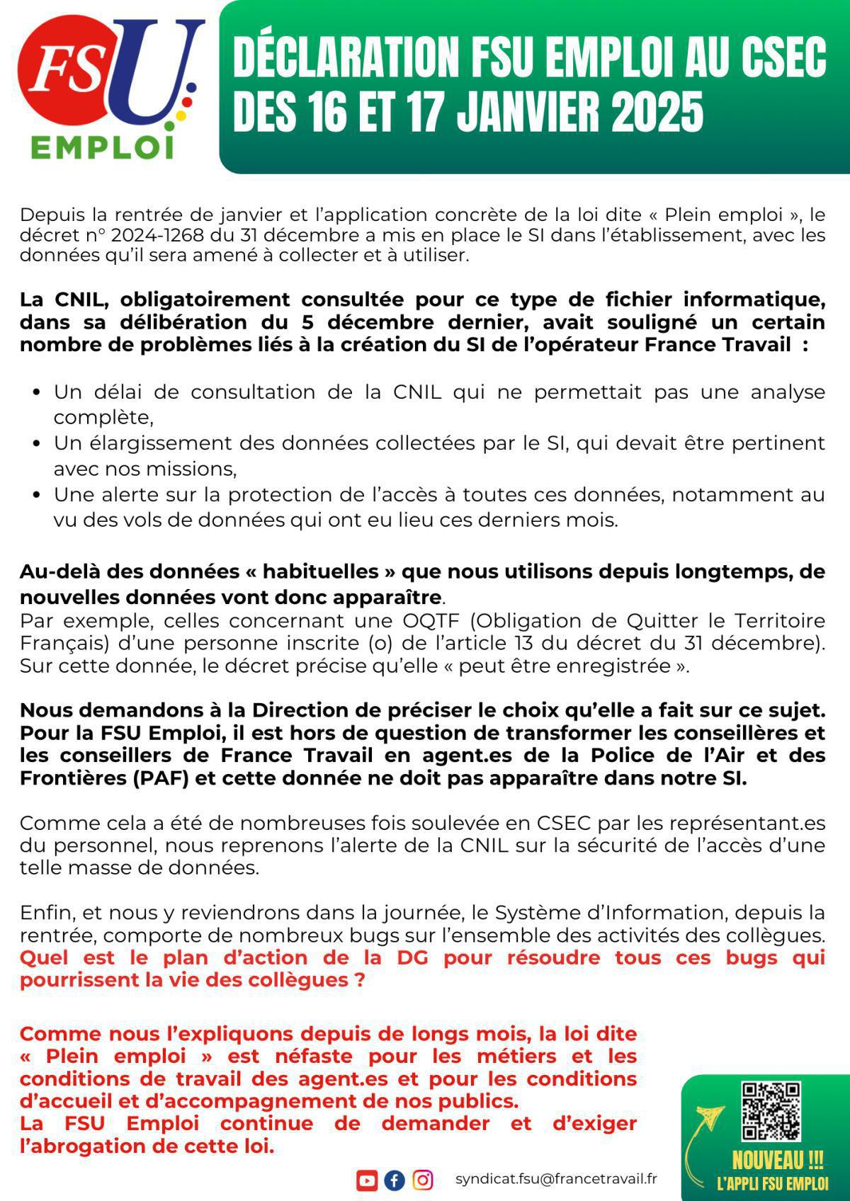 Déclaration FSU Emploi au CSEC des 16 et 17 janvier Déclaration FSU Emploi au CSEC des 16 et 17 janvier