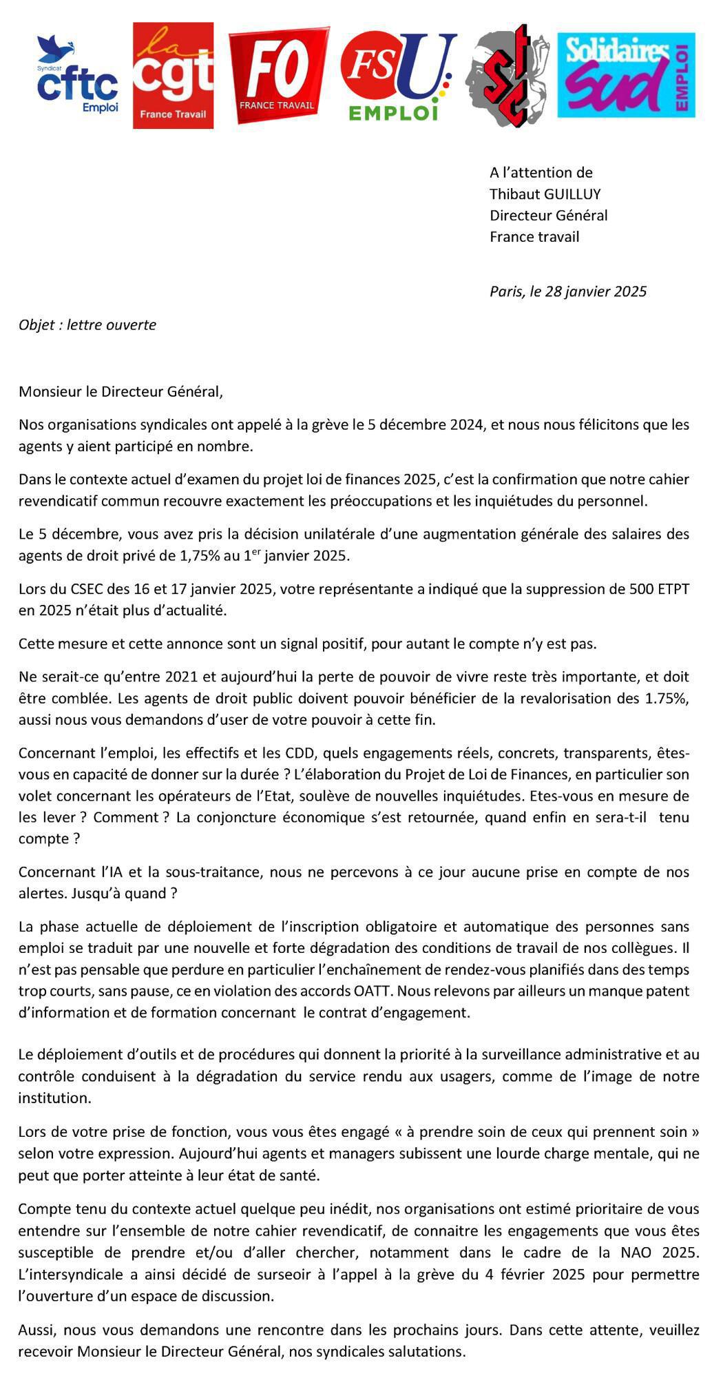 Lettre ouverte intersyndicale au DG des organisations CFTC, CGT, FO, FSU Emploi, STC et Sud. Lettre ouverte intersyndicale au DG des organisations CFTC, CGT, FO, FSU Emploi, STC et Sud.
