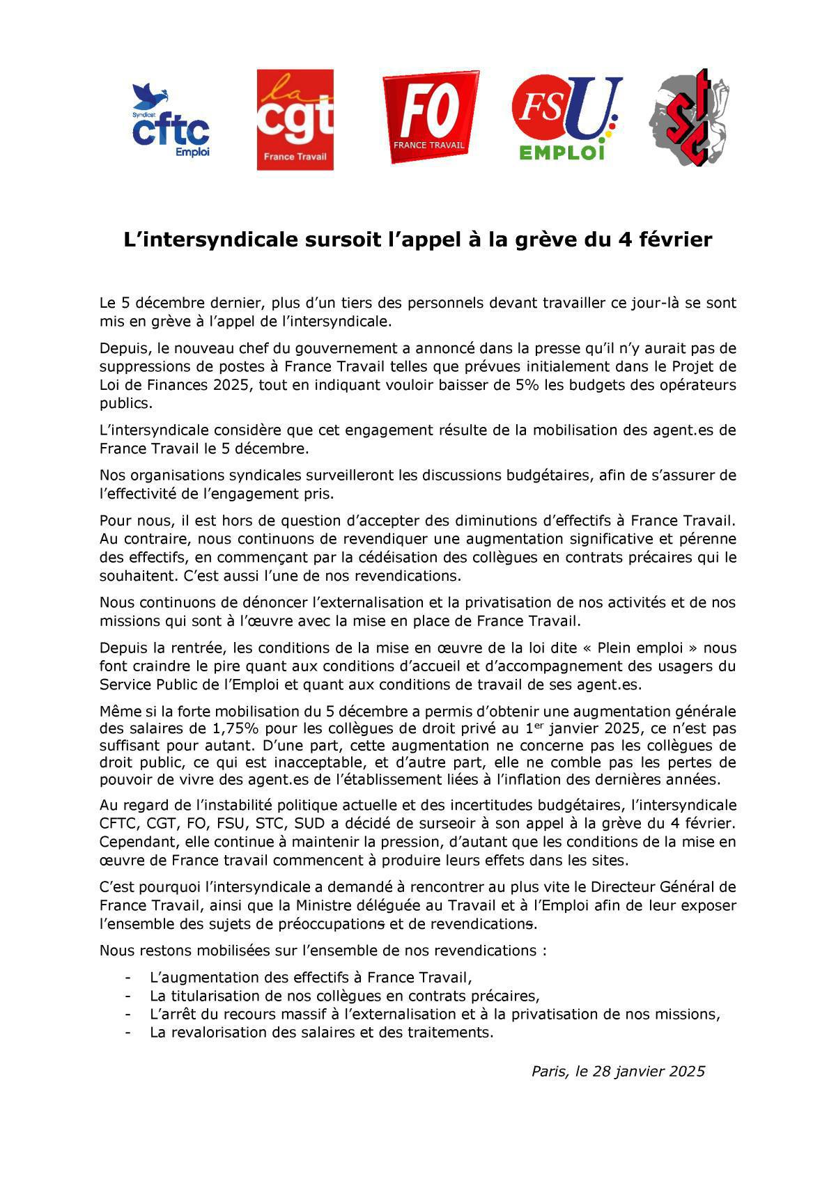 L’intersyndicale sursoit l’appel à la grève du 4 février L’intersyndicale sursoit l’appel à la grève du 4 février