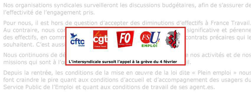 L’intersyndicale sursoit l’appel à la grève du 4 février L’intersyndicale sursoit l’appel à la grève du 4 février