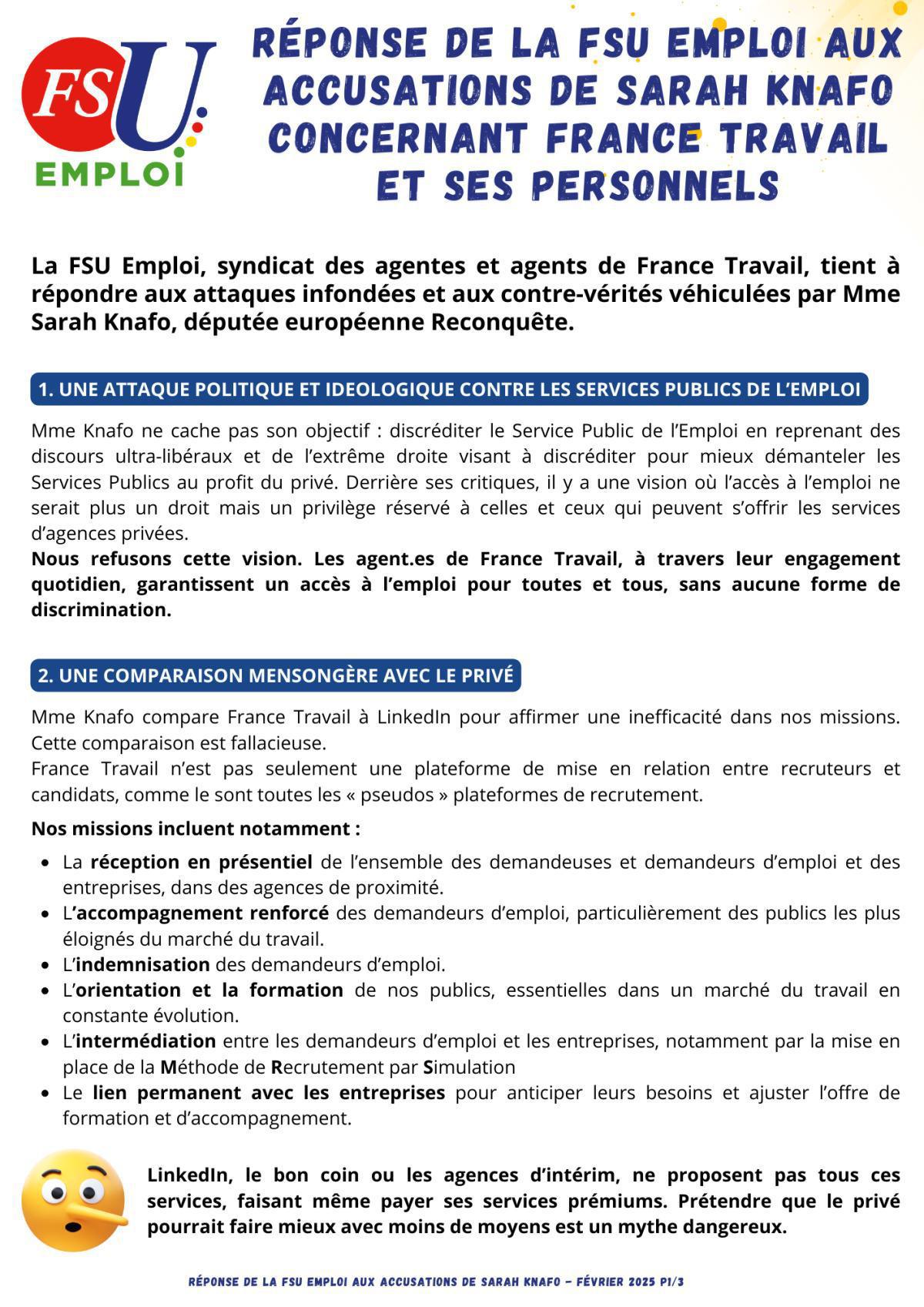 Réponse de la FSU Emploi aux accusations de Sarah Knafo concernant France Travail et ses personnels