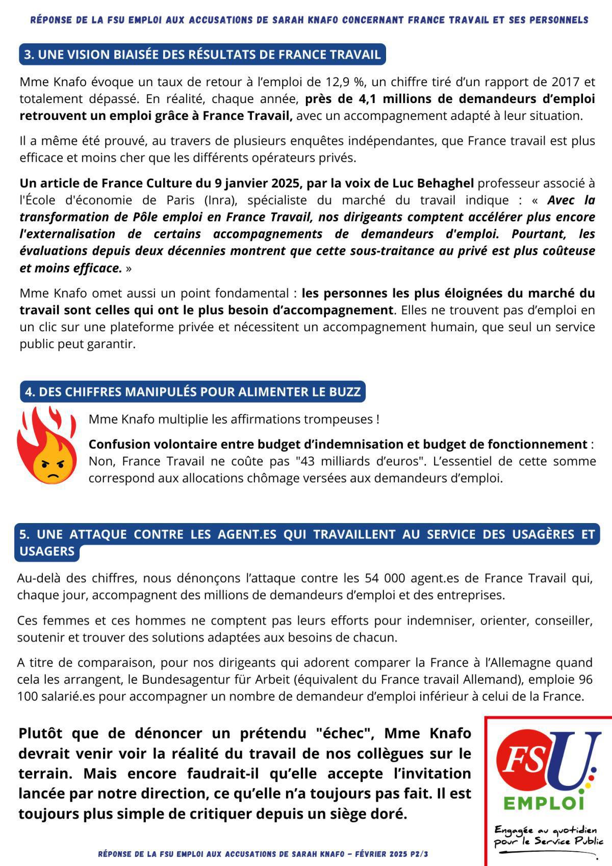 Réponse de la FSU Emploi aux accusations de Sarah Knafo concernant France Travail et ses personnels