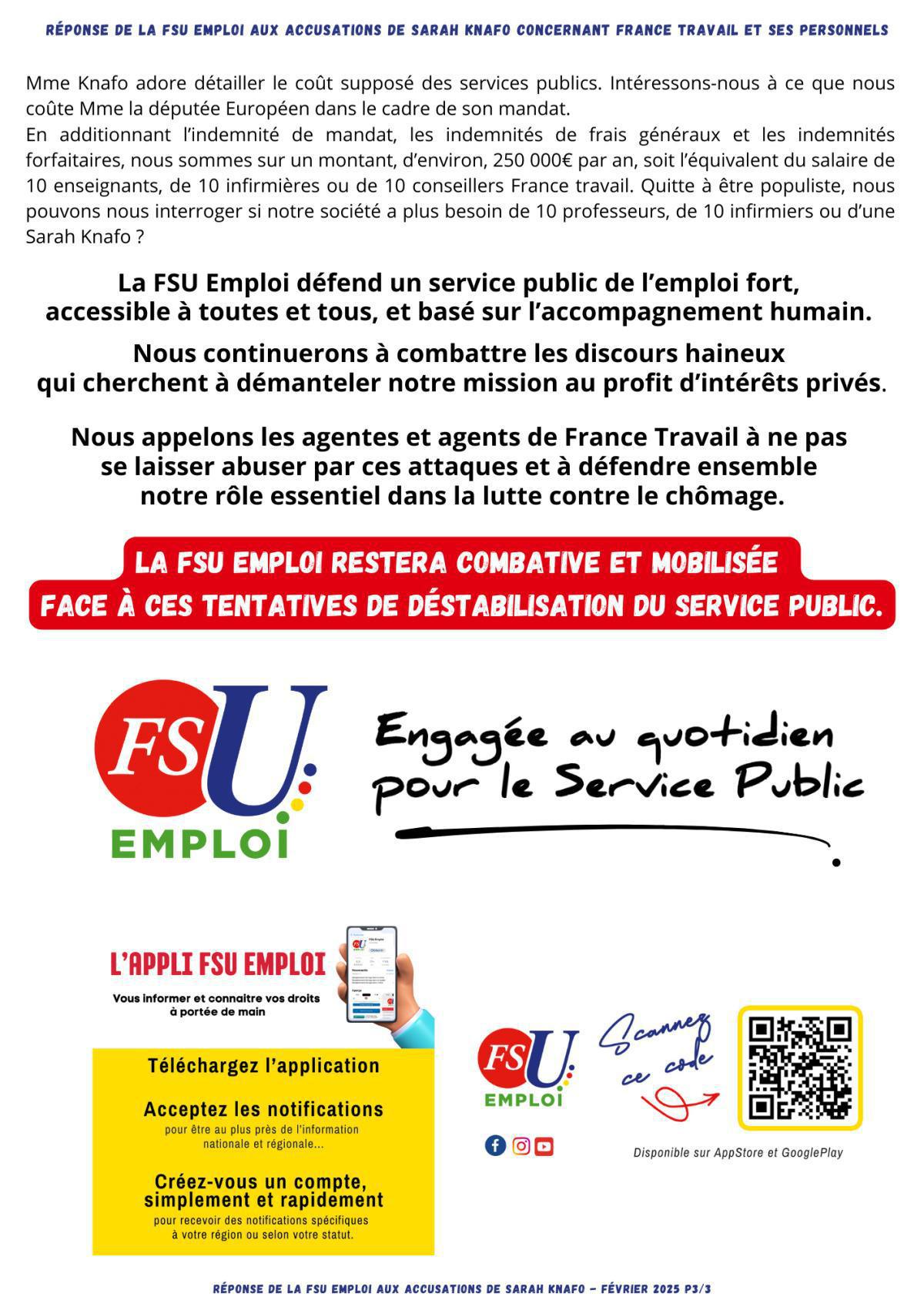 Réponse de la FSU Emploi aux accusations de Sarah Knafo concernant France Travail et ses personnels