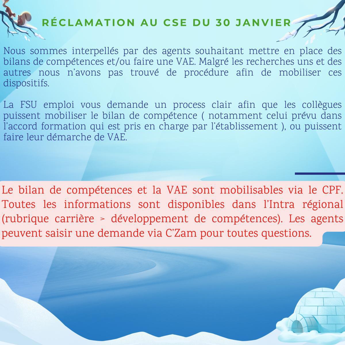 Réclamations au CSE de Janvier 25