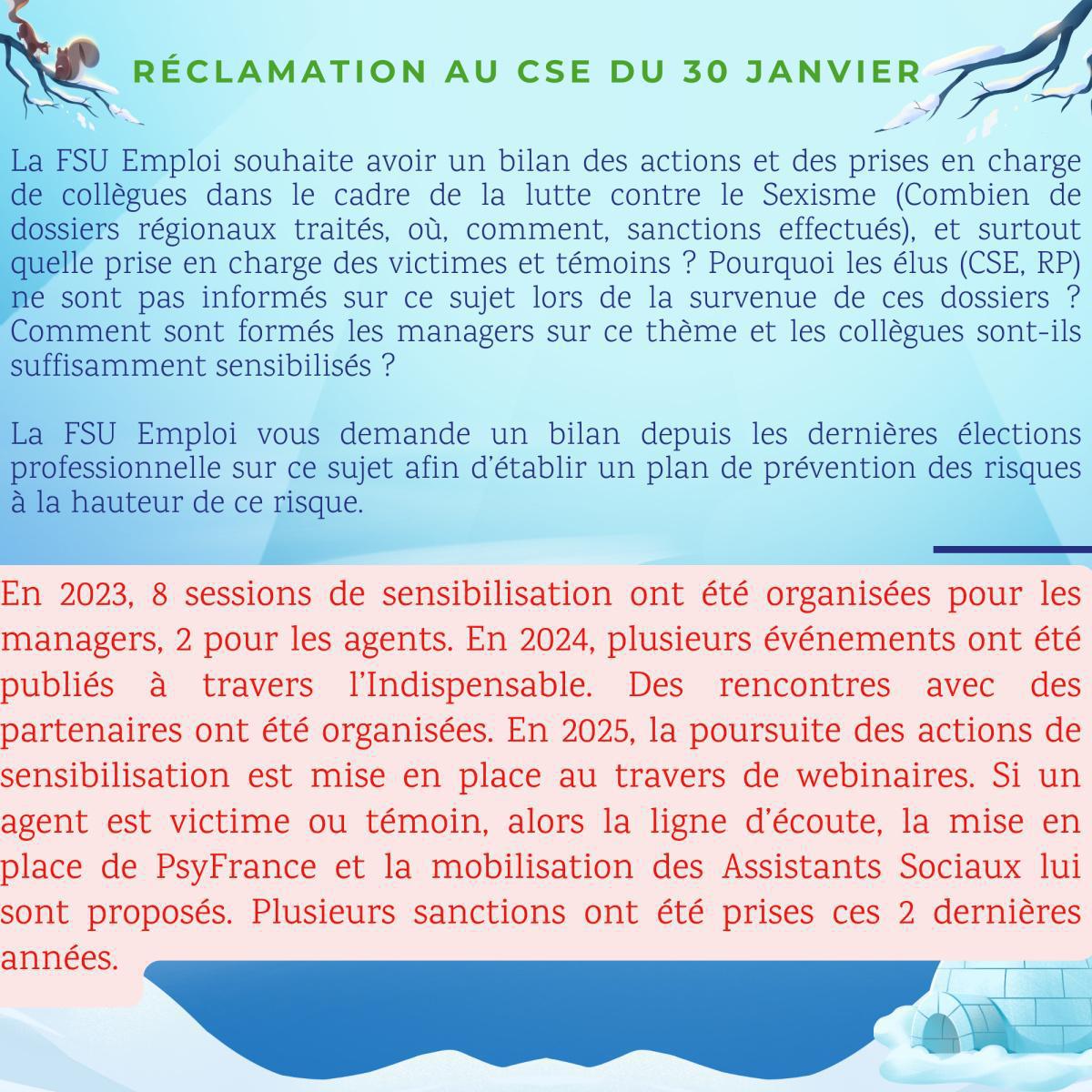 Réclamations au CSE de Janvier 25