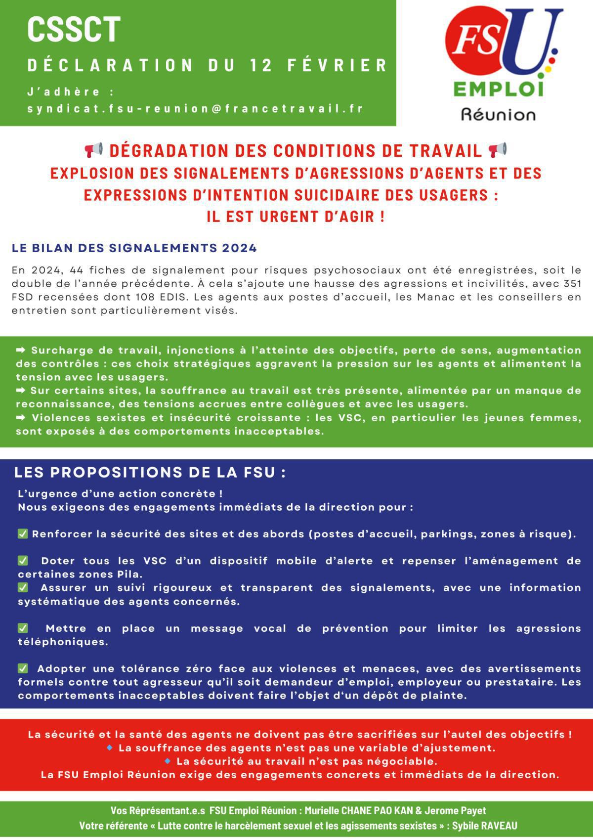 CSSCT 12 FEVRIER 2025 : dégradation des conditions de travail, il est urgent d'agir!