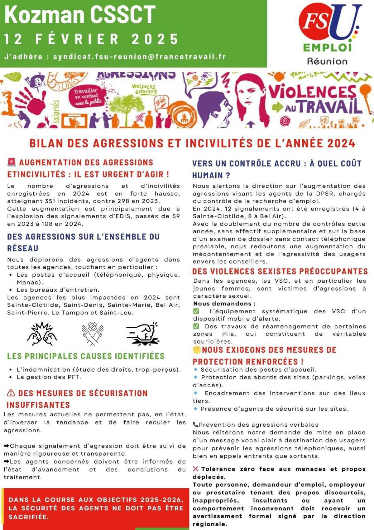 Kozman CSSCT 12 février 2025 : Bilan des agressions et incivilités de l’année 2024