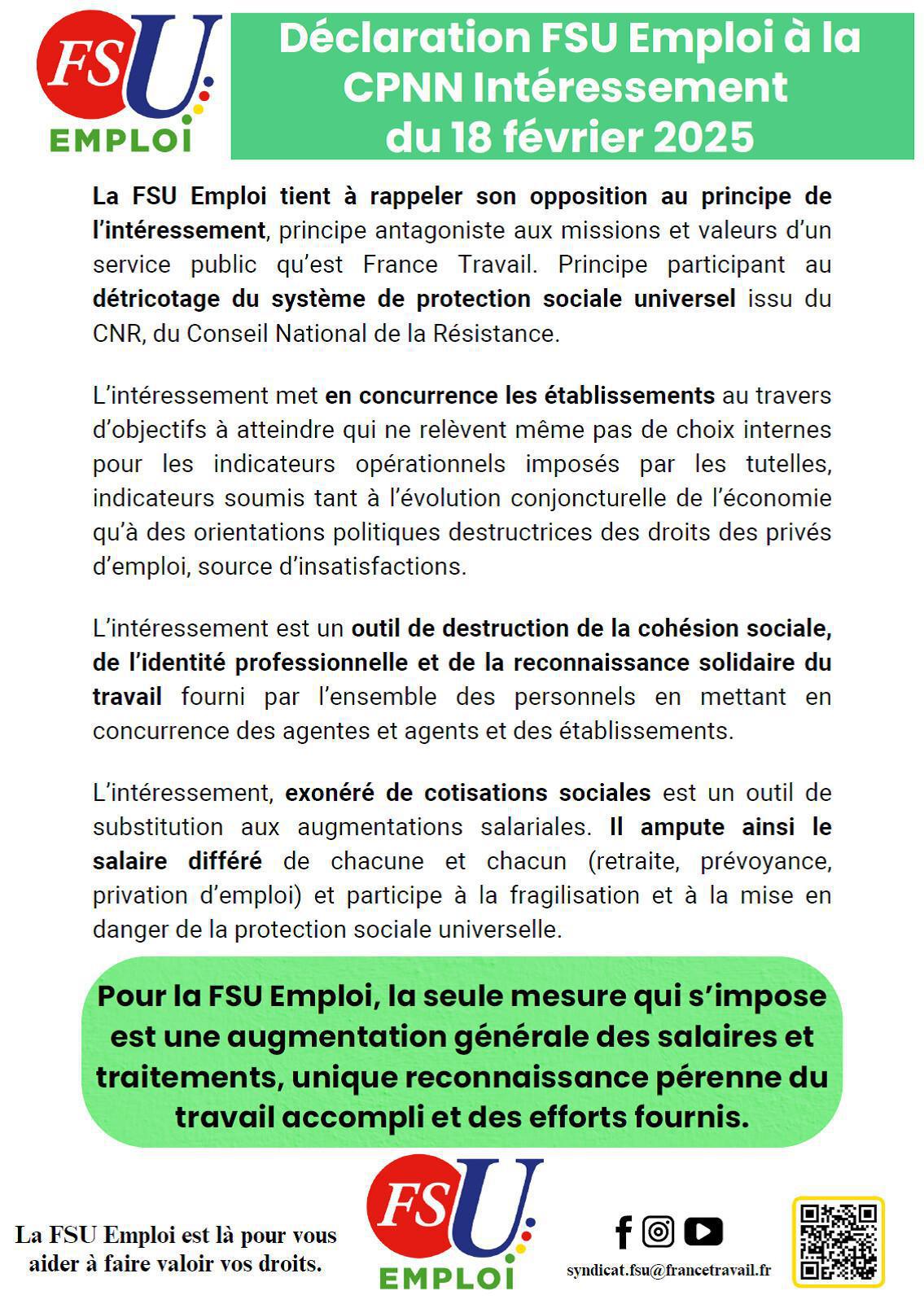 Déclaration FSU Emploi à la CPNN Intéressement 