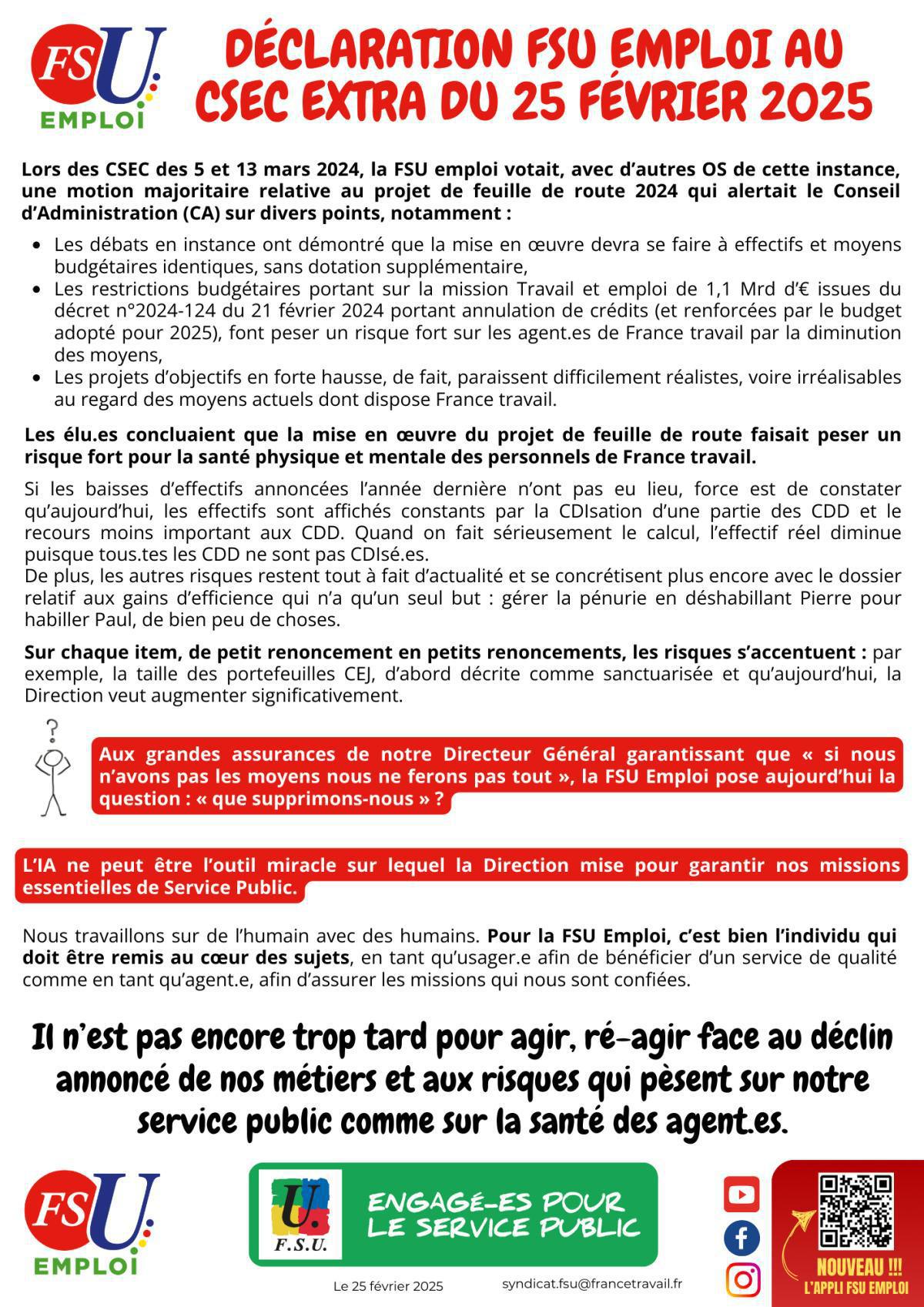 Déclaration FSU emploi au CSEC extra du 25 février 2025 Déclaration FSU emploi au CSEC extra du 25 février 2025
