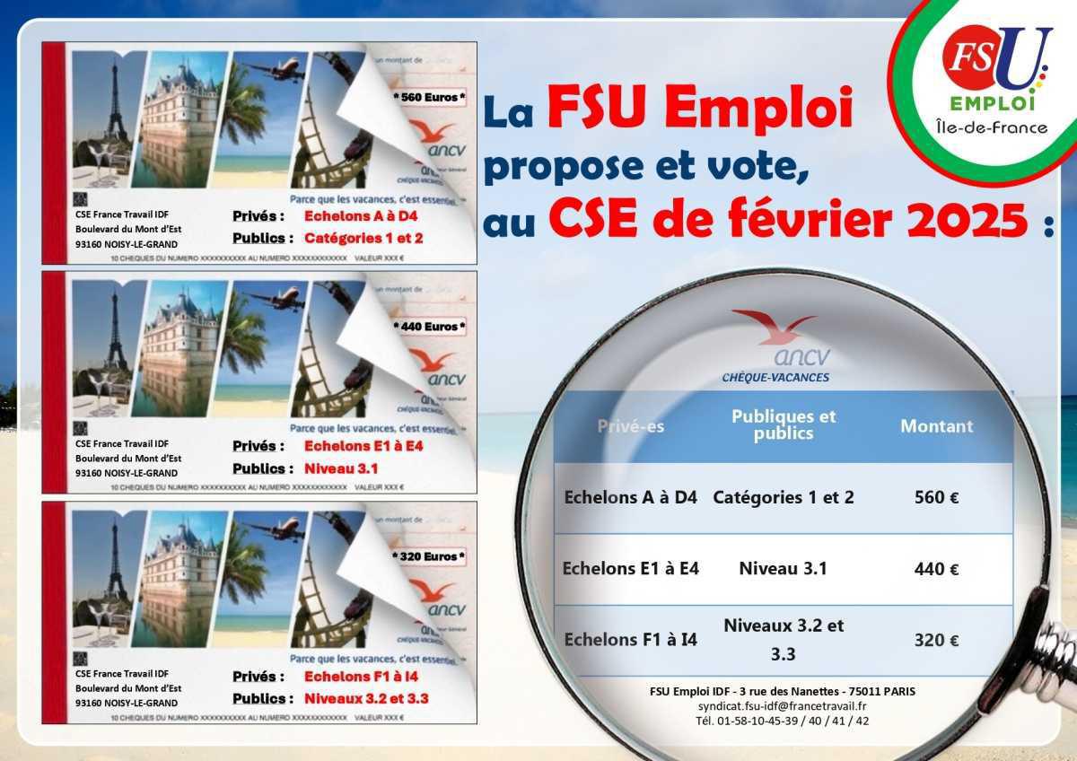 La FSU Emploi IDF vote au CSE l'attribution des chèques-vacances ANCV 2025 La FSU Emploi IDF vote au CSE l'attribution des chèques-vacances ANCV 2025