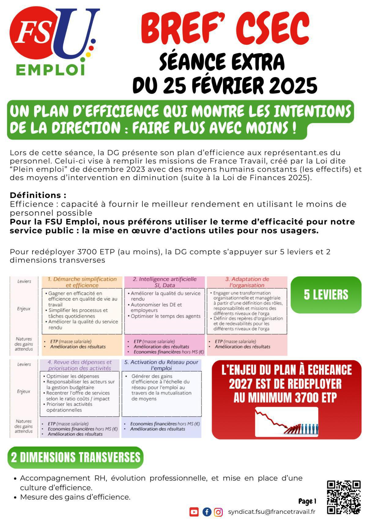 Un plan d’efficience qui montre les intentions de la direction : faire plus avec moins !