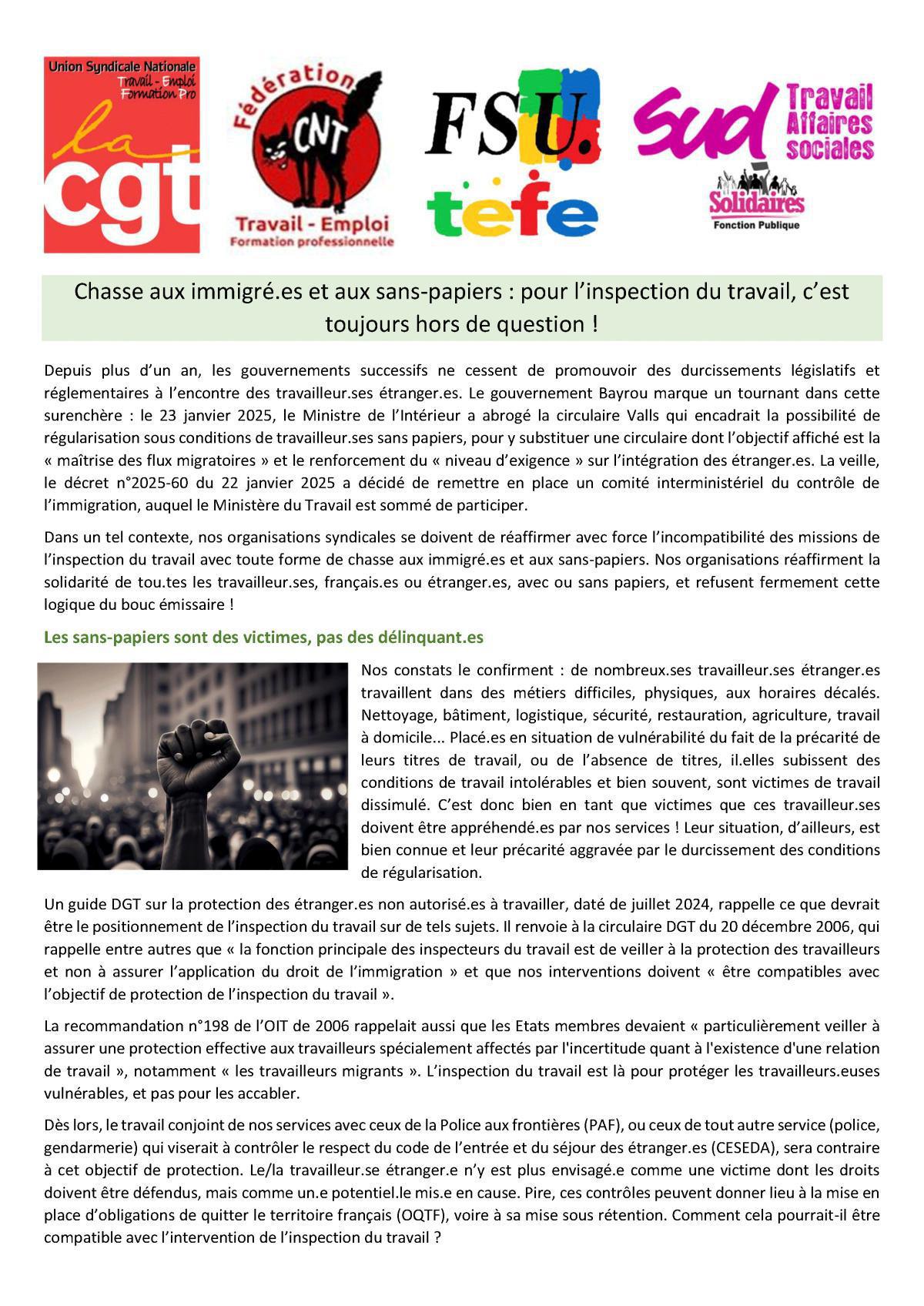 Chasse aux immigré.es et aux sans-papiers : pour l’inspection du travail, c’est toujours hors de question !