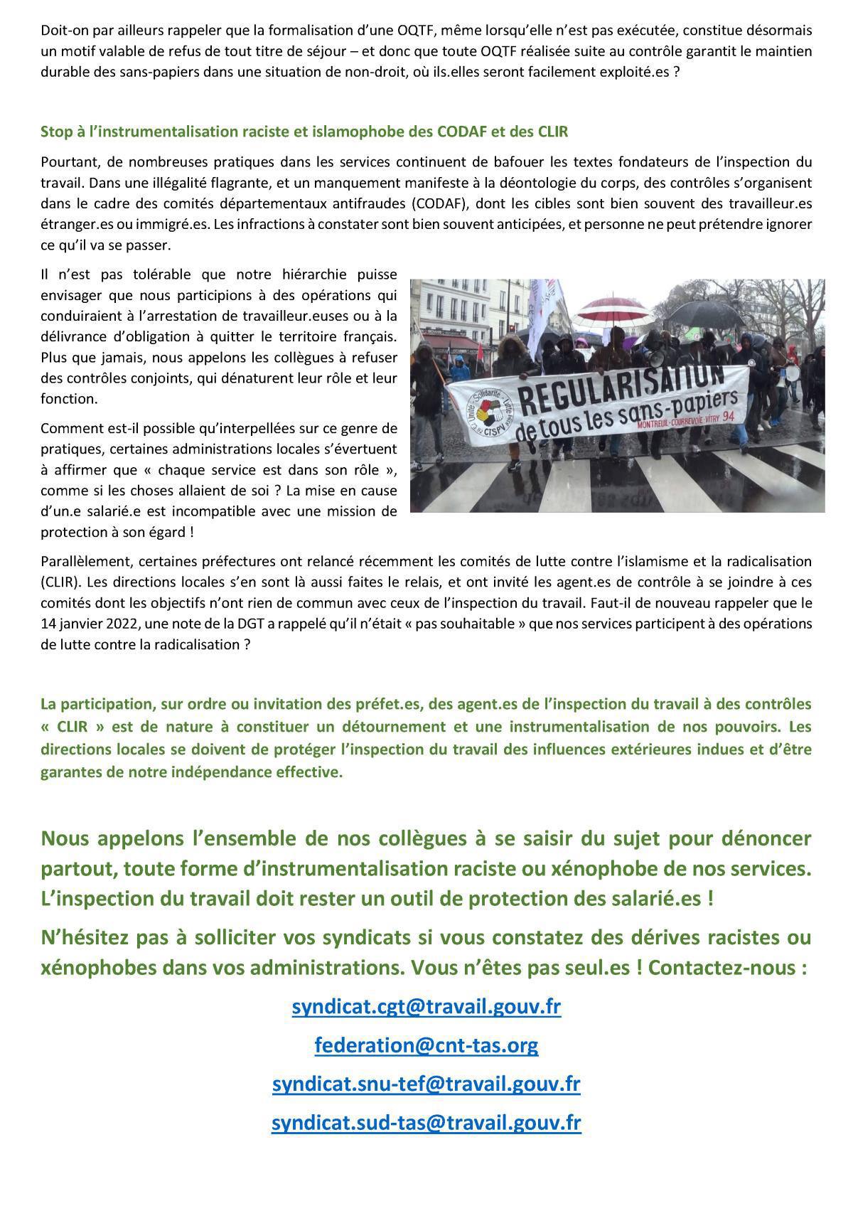 Chasse aux immigré.es et aux sans-papiers : pour l’inspection du travail, c’est toujours hors de question !