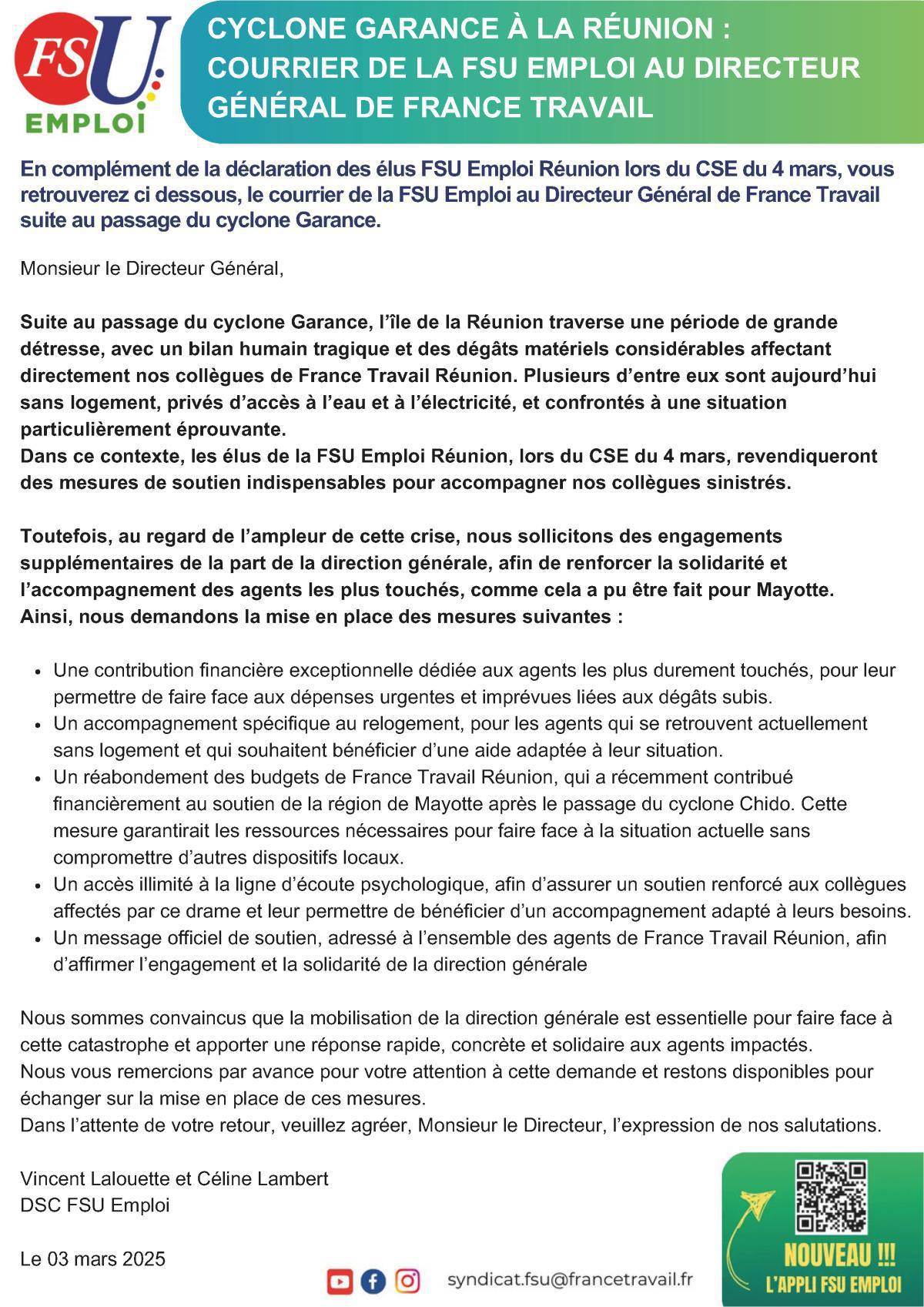 Courrier de la FSU Emploi au DG suite au passage du cyclone Garance.
