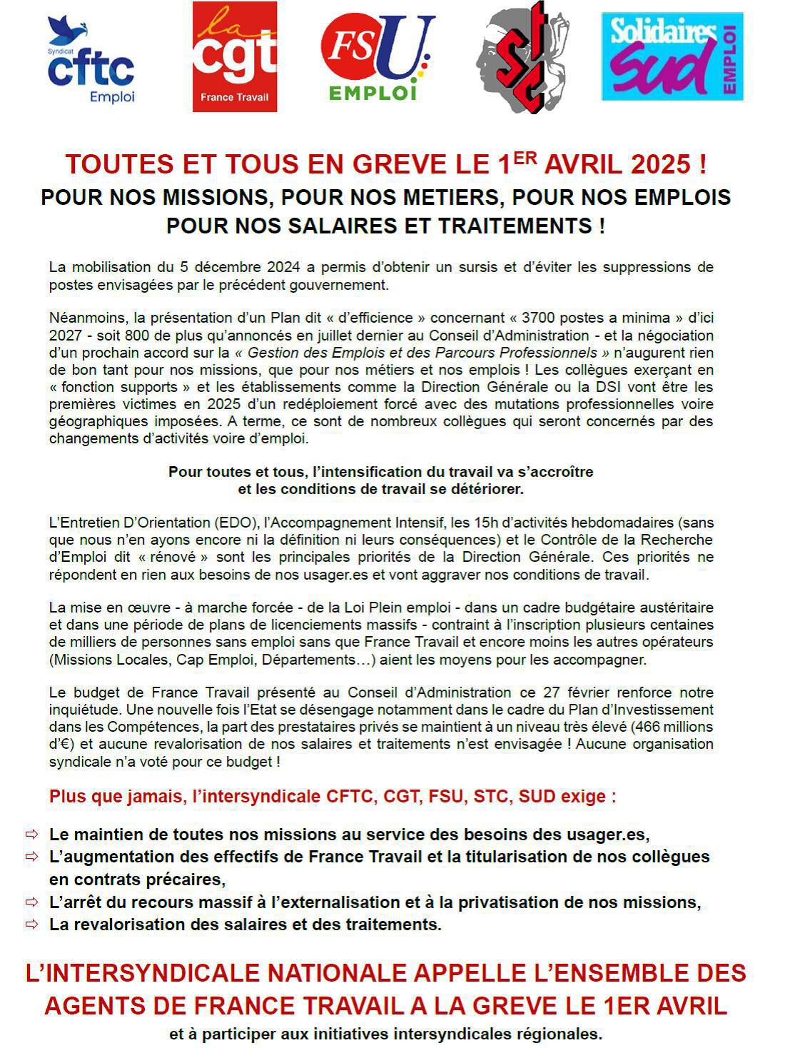 Grève intersyndicale le 1er avril ! Grève intersyndicale le 1er avril !