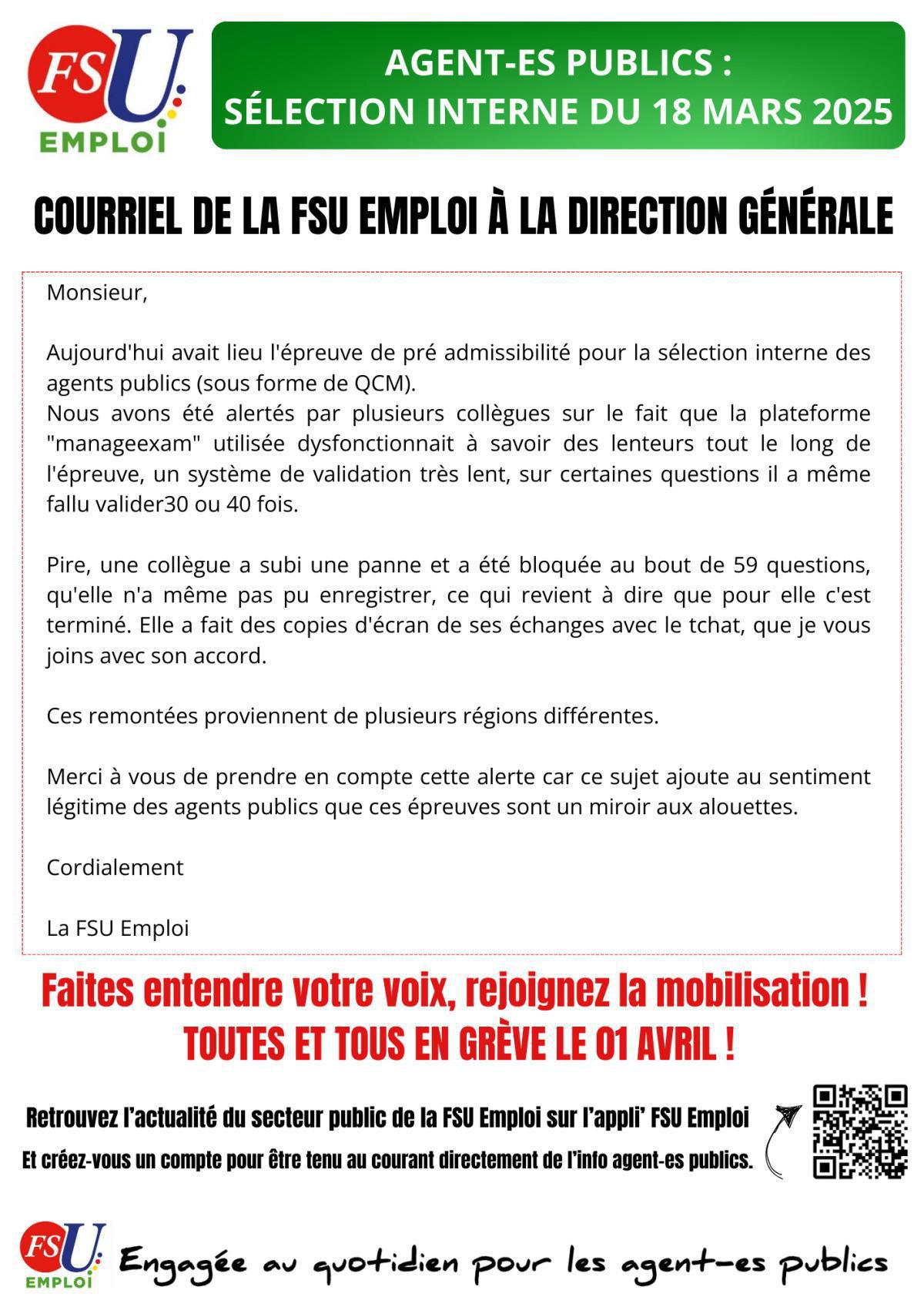 Courriel de la FSU Emploi à la Direction Générale