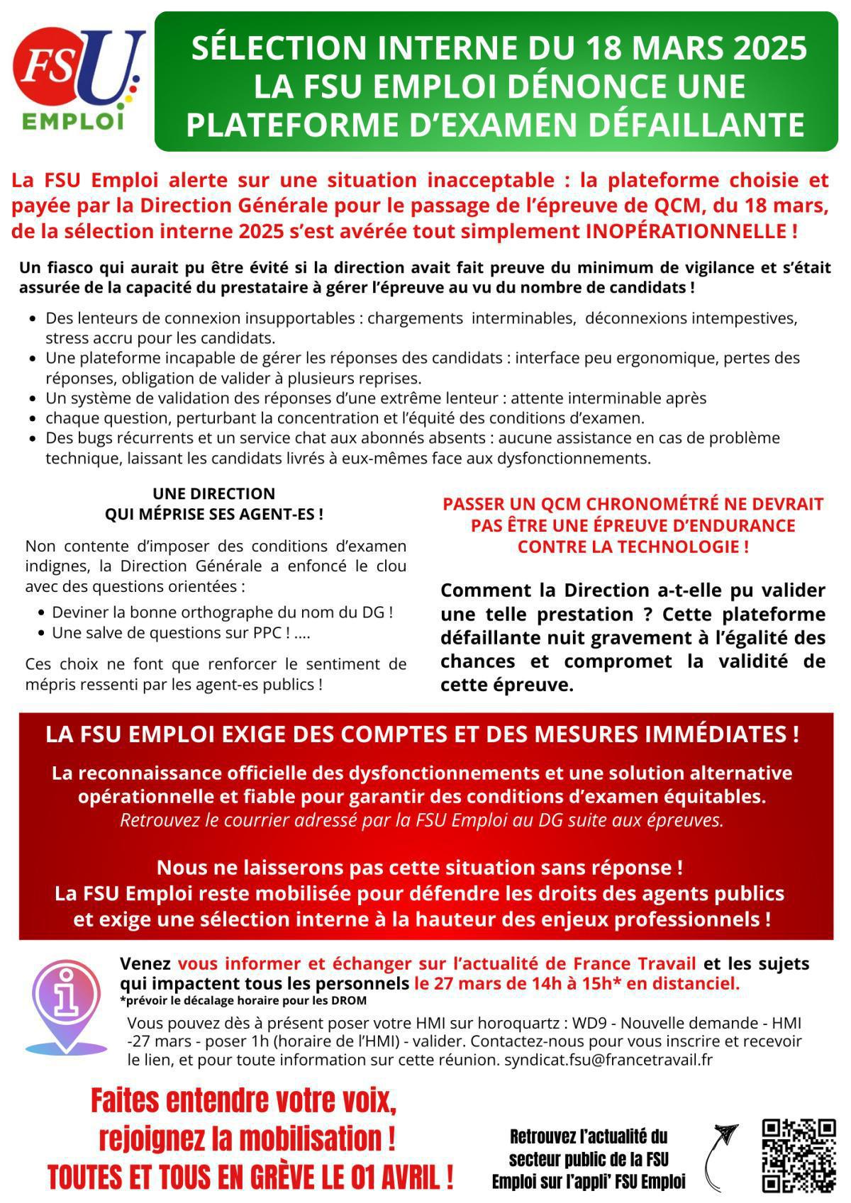 Sélection interne du 18 mars 2025 : la FSU Emploi dénonce une plateforme d’examen défaillante  Sélection interne du 18 mars 2025 : la FSU Emploi dénonce une plateforme d’examen défaillante