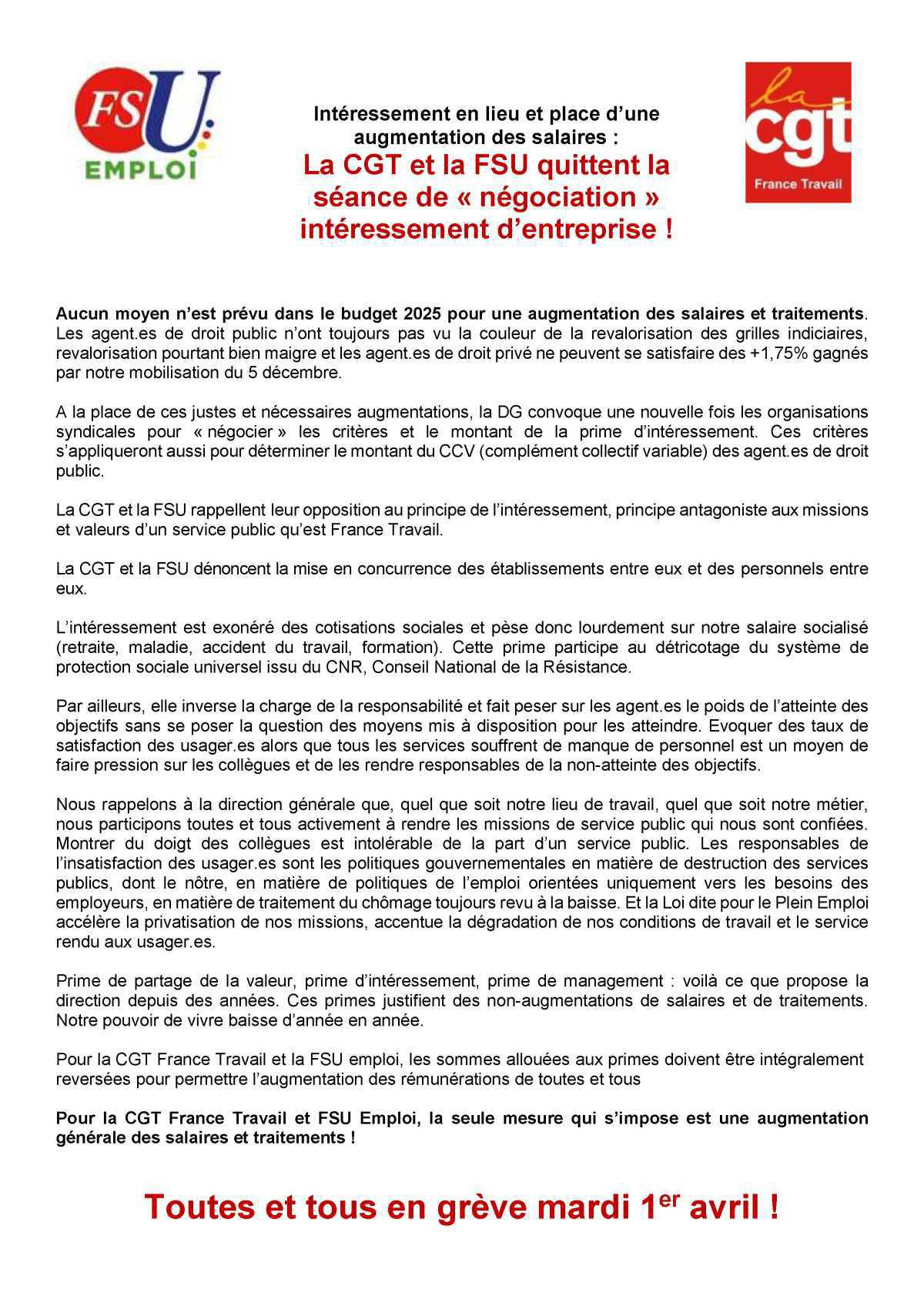France Travail : la CGT et la FSU quittent la séance de « négociation » intéressement d’entreprise ! France Travail : la CGT et la FSU quittent la séance de « négociation » intéressement d’entreprise !
