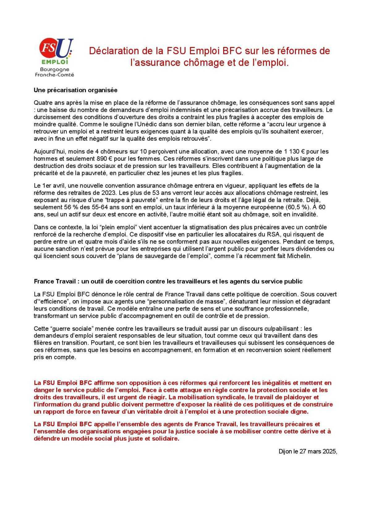 Déclaration de la FSU Emploi BFC sur les réformes de l’assurance chômage et de l’emploi Déclaration de la FSU Emploi BFC sur les réformes de l’assurance chômage et de l’emploi