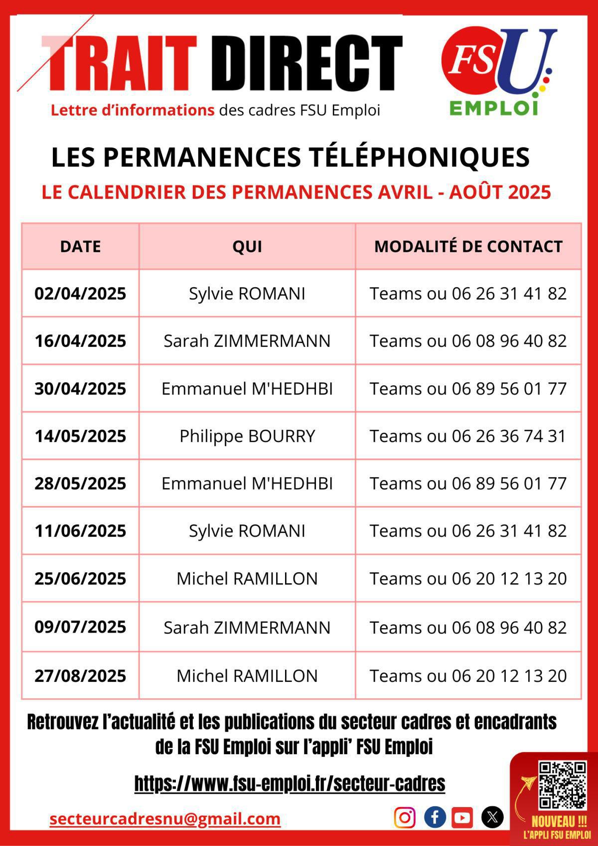 Permanences téléphoniques du secteur cadres Permanences téléphoniques du secteur cadres