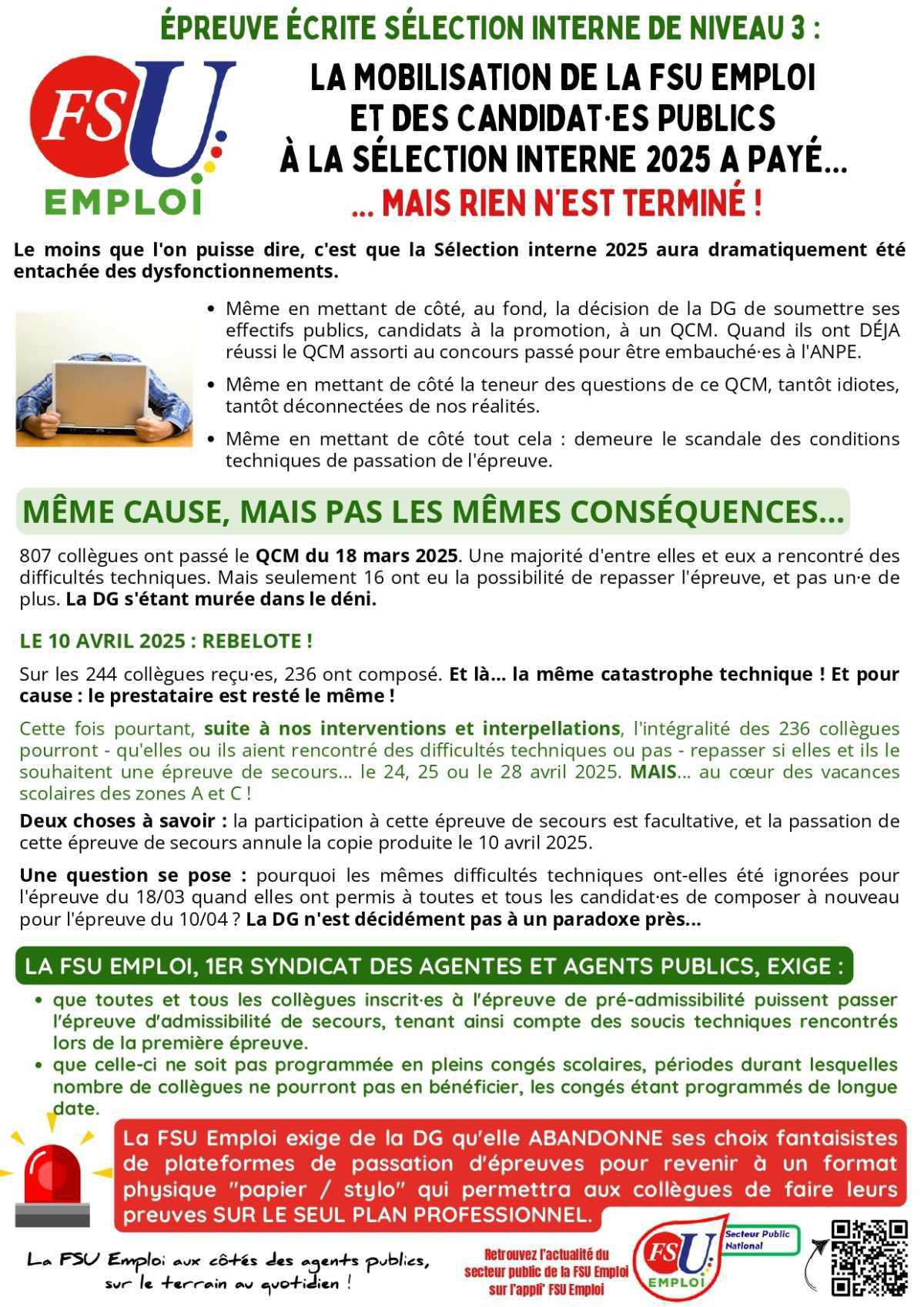 SÉLECTION INTERNE 2025 : La mobilisation de la FSU Emploi et des candidat·es publics a payé. SÉLECTION INTERNE 2025 : La mobilisation de la FSU Emploi et des candidat·es publics a payé.