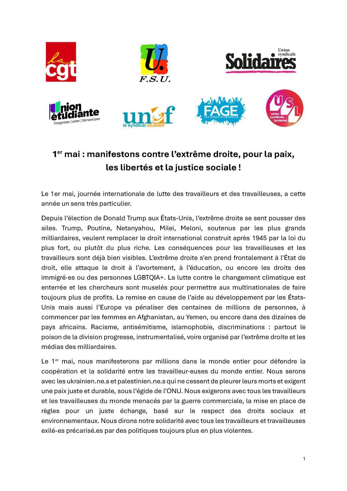 1 er mai : manifestons contre l’extrême droite, pour la paix, les libertés et la justice sociale !