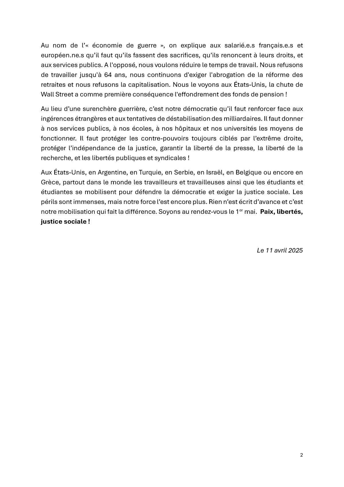 1 er mai : manifestons contre l’extrême droite, pour la paix, les libertés et la justice sociale !