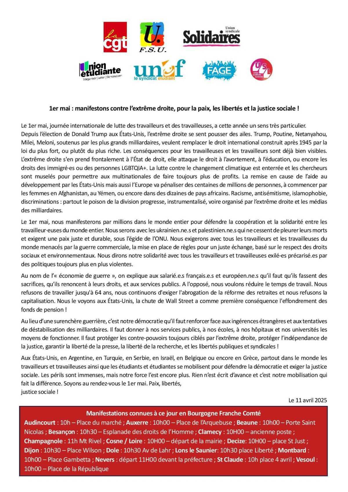 Soyons au rendez-vous le 1er mai. Paix, libertés, justice sociale ! Soyons au rendez-vous le 1er mai. Paix, libertés, justice sociale !