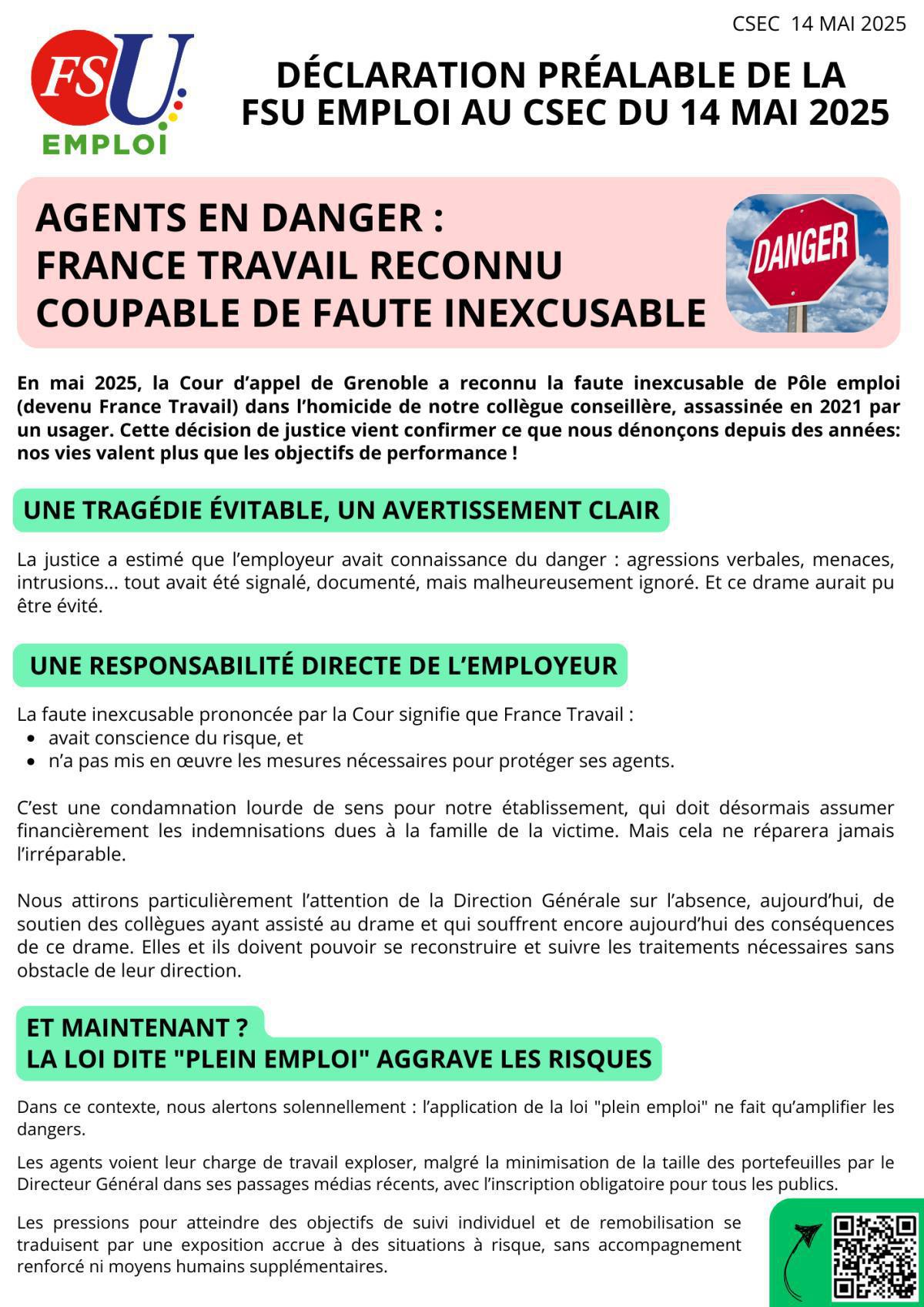 Agents en danger : France Travail reconnu coupable de faute inexcusable Agents en danger : France Travail reconnu coupable de faute inexcusable
