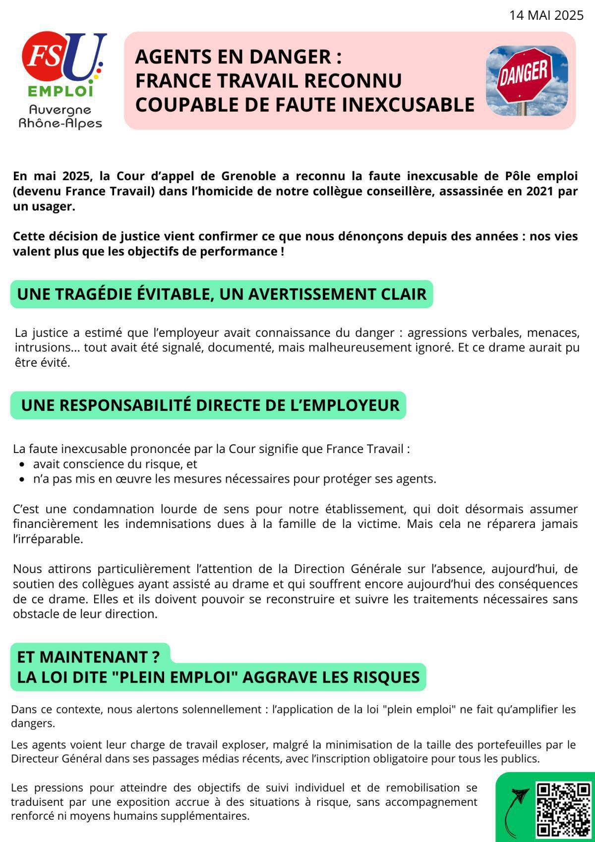 Meurtre de notre collègue de Valence: faute inexcusable de France Travail