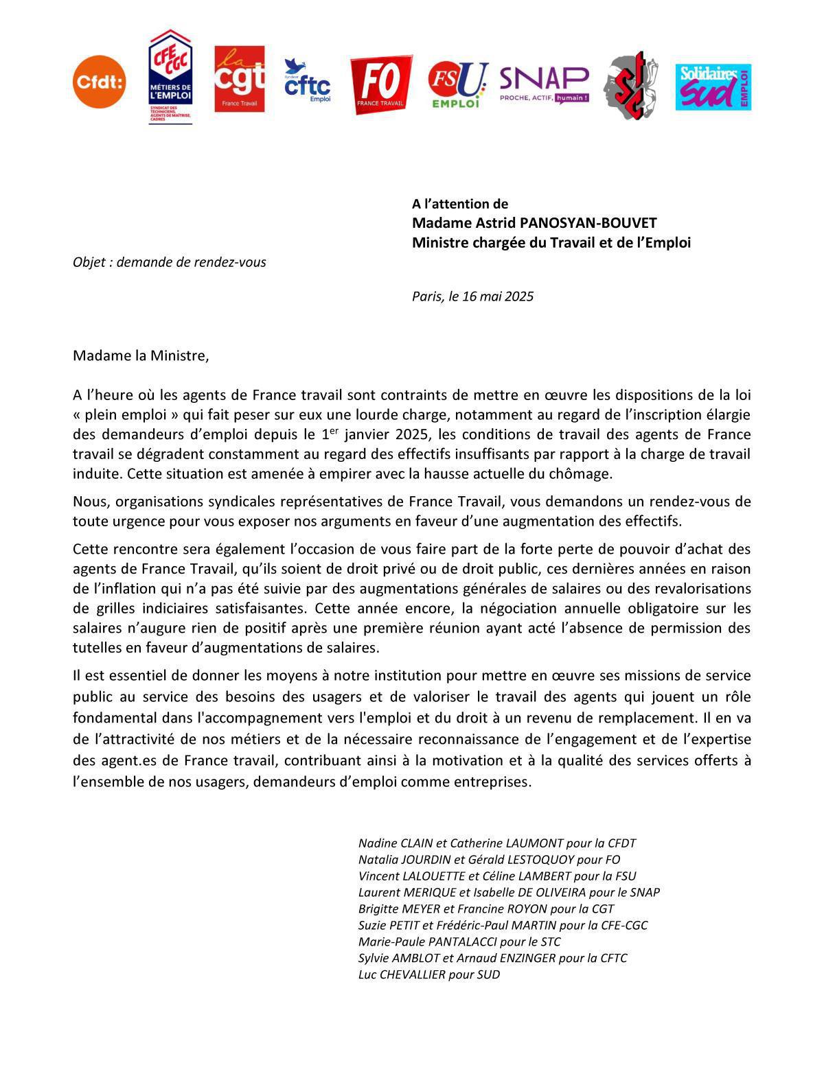 Demande d'audience faite en intersyndicale auprès du ministère du Travail.