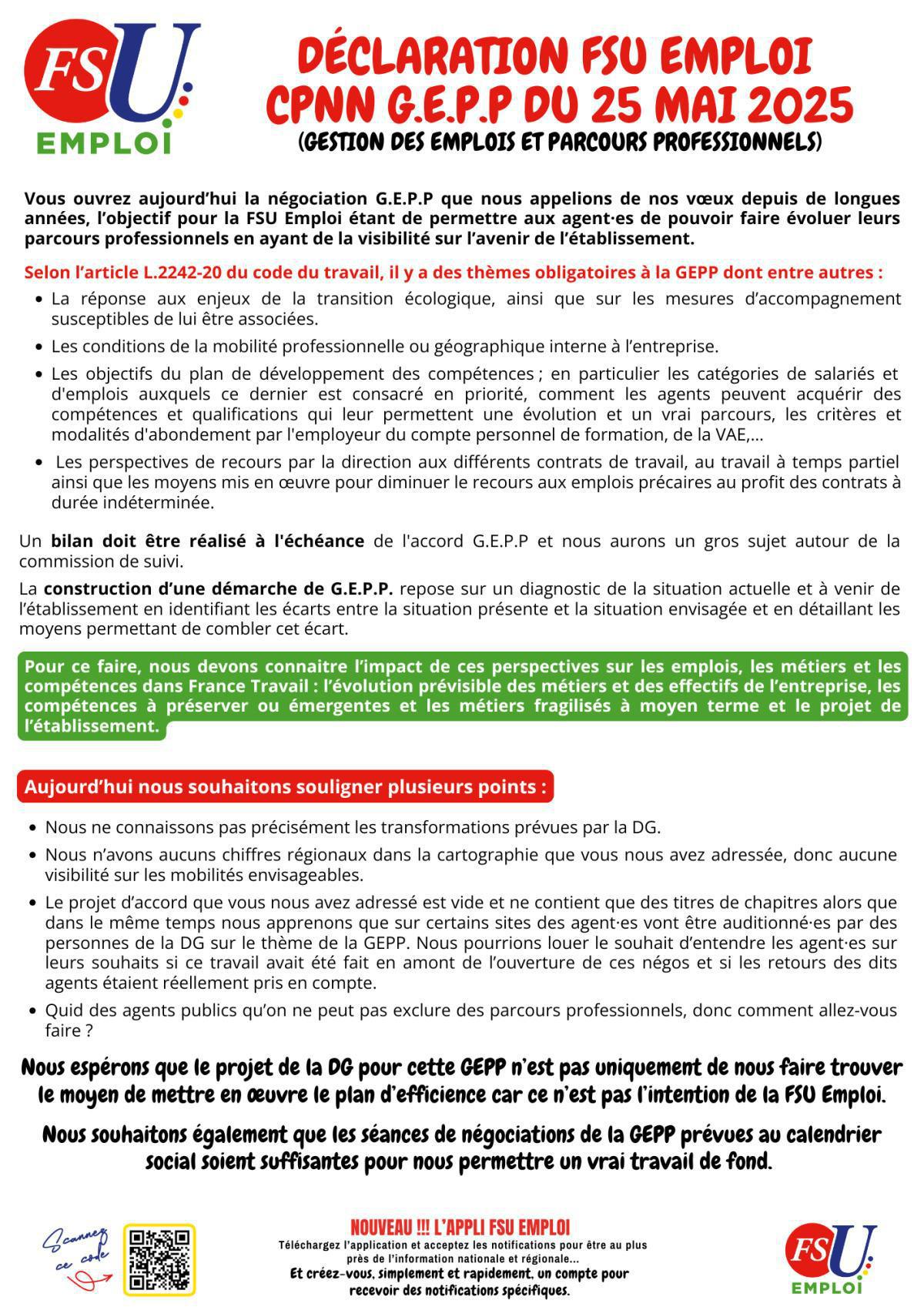 Déclaration FSU Emploi à la négociation GEPP Déclaration FSU Emploi à la négociation GEPP