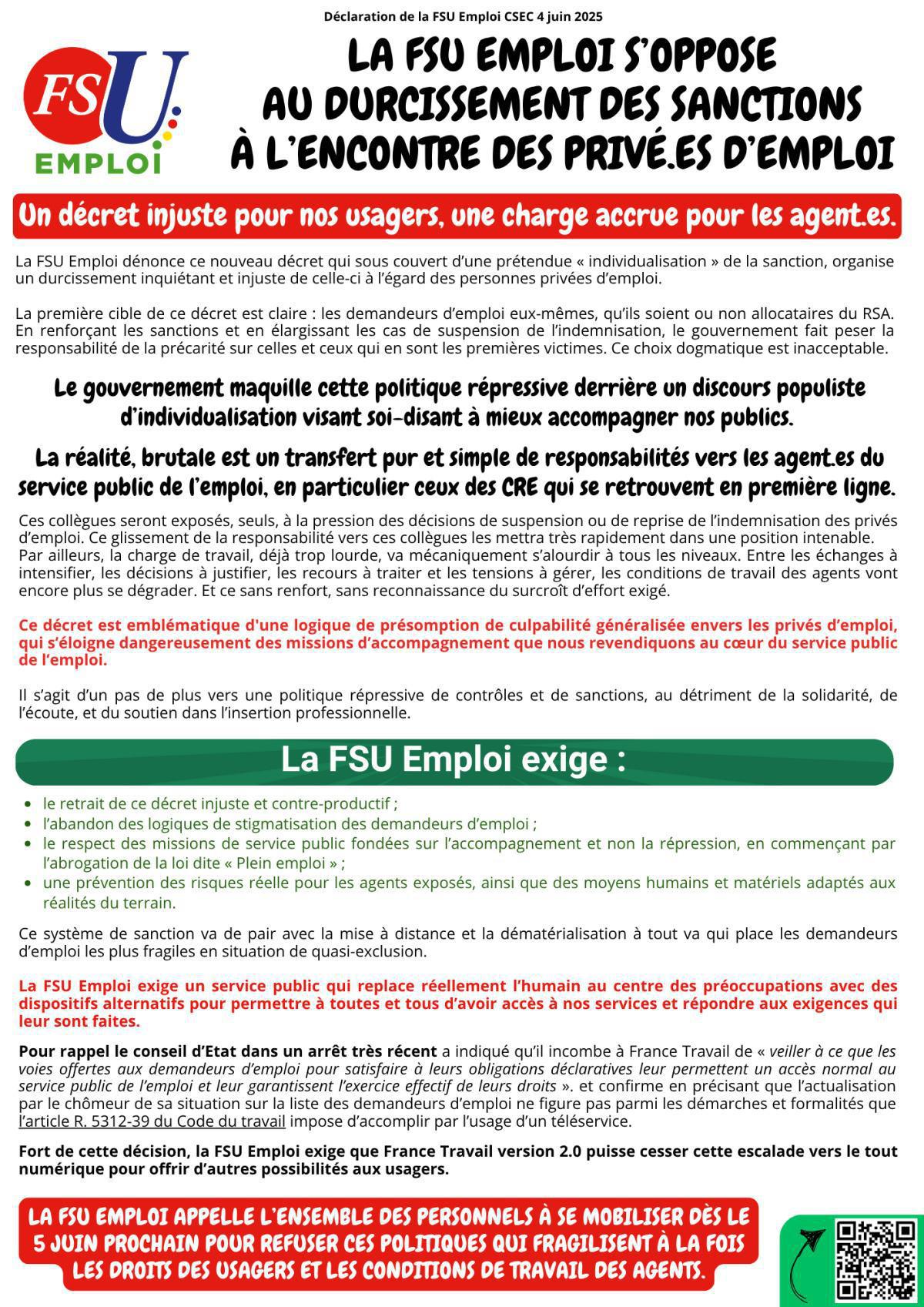La FSU Emploi s’oppose au durcissement des sanctions à l’encontre des privé.es d’emploi 