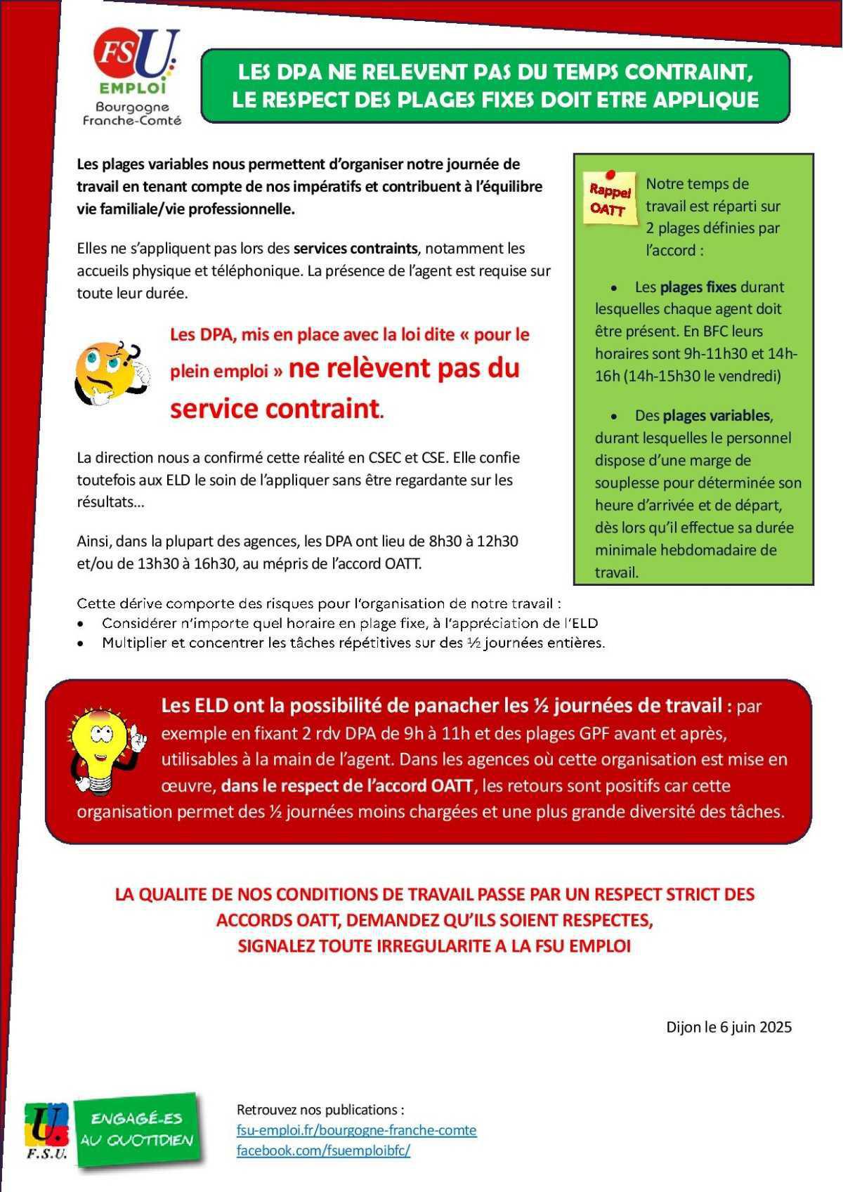 LES DPA NE RELEVENT PAS DU TEMPS CONTRAINT, LE RESPECT DES PLAGES FIXES DOIT ETRE APPLIQUE LES DPA NE RELEVENT PAS DU TEMPS CONTRAINT, LE RESPECT DES PLAGES FIXES DOIT ETRE APPLIQUE