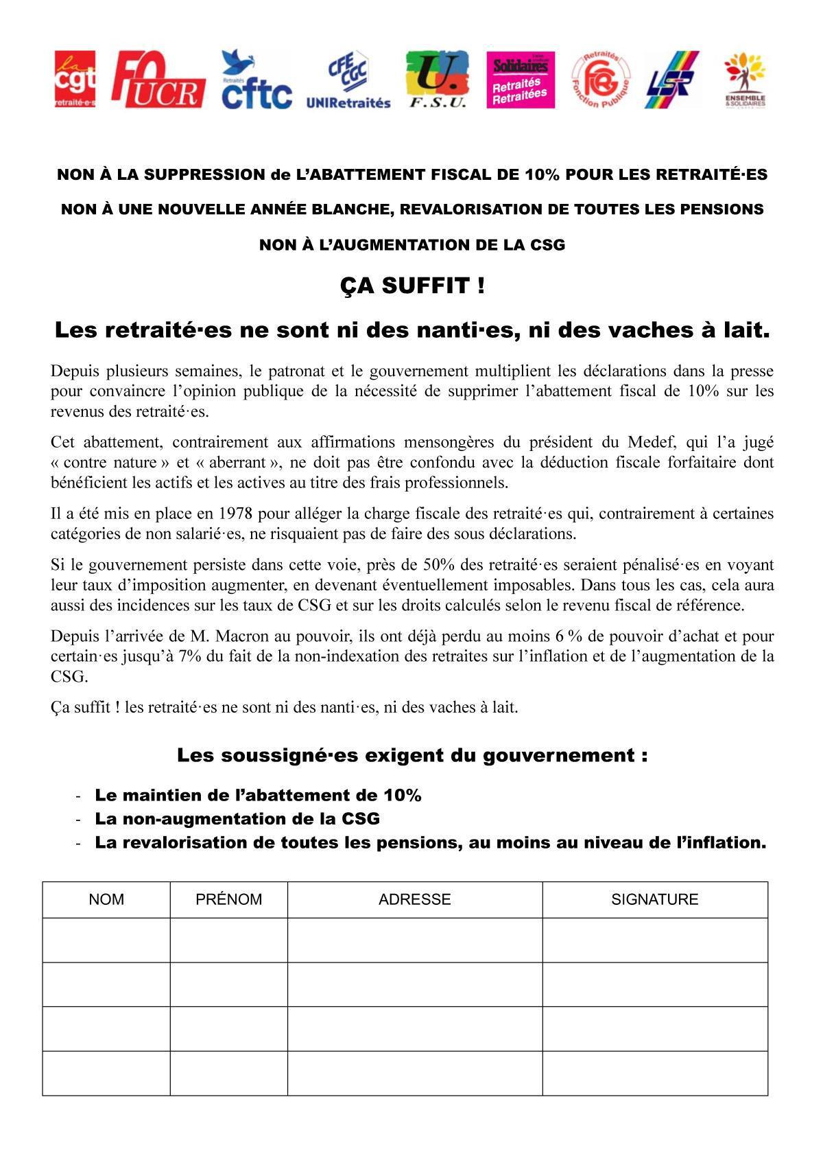 Signez la pétition sur l’abattement fiscal de 10%