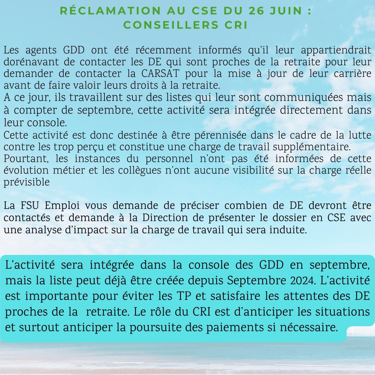 Réclamations au CSE de Juin 2025