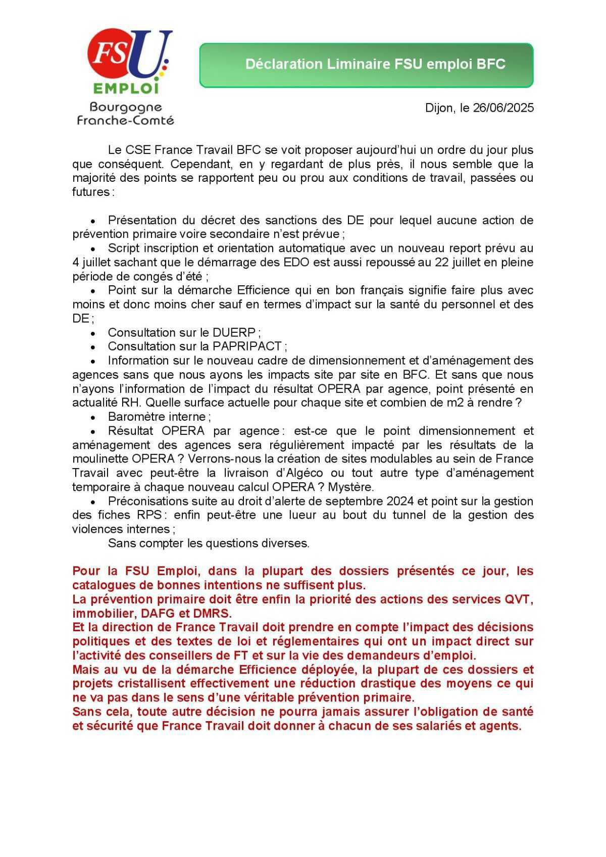 Déclaration Liminaire FSU emploi BFC - 260625