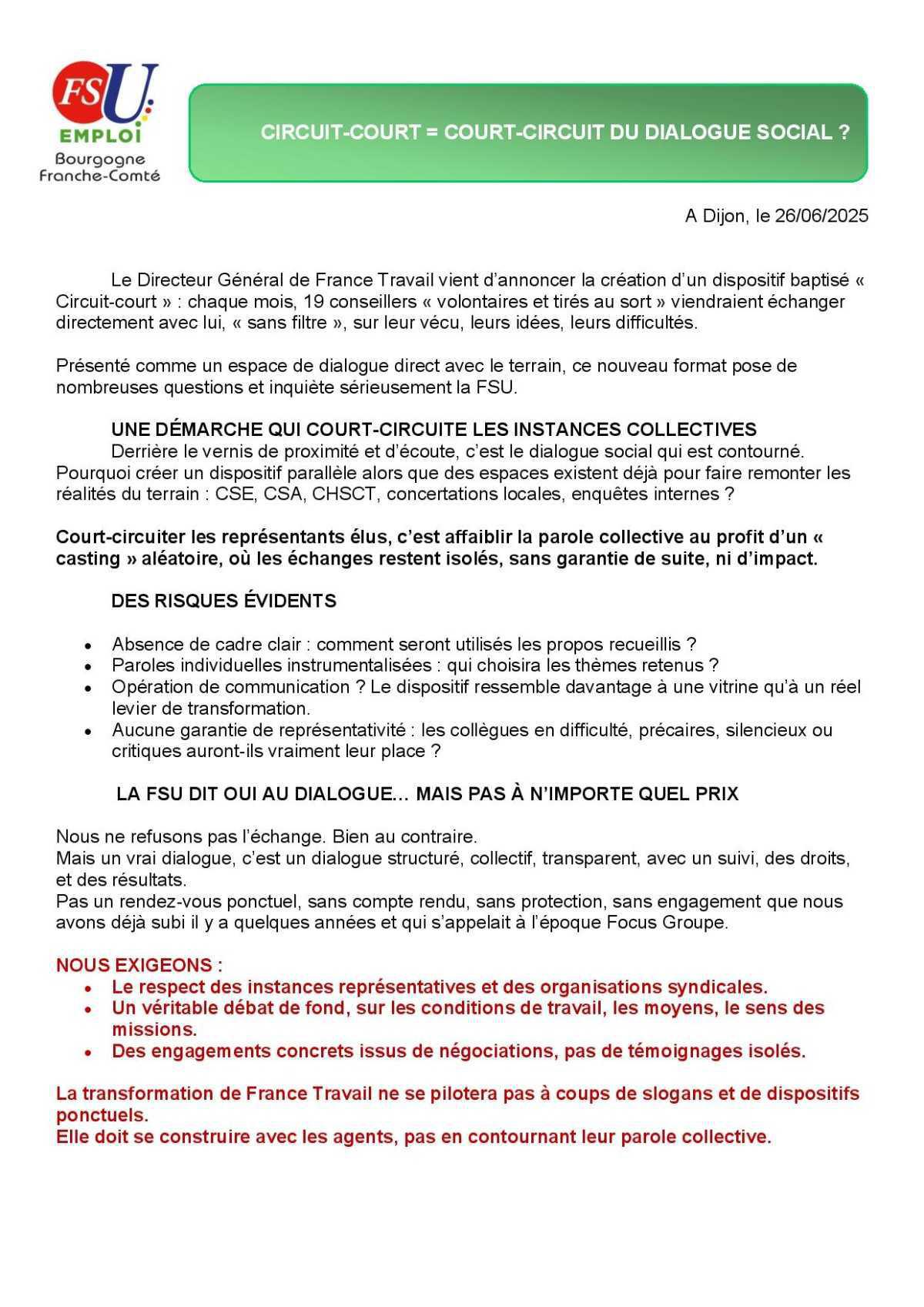CIRCUIT-COURT = COURT-CIRCUIT DU DIALOGUE SOCIAL ? CIRCUIT-COURT = COURT-CIRCUIT DU DIALOGUE SOCIAL ?