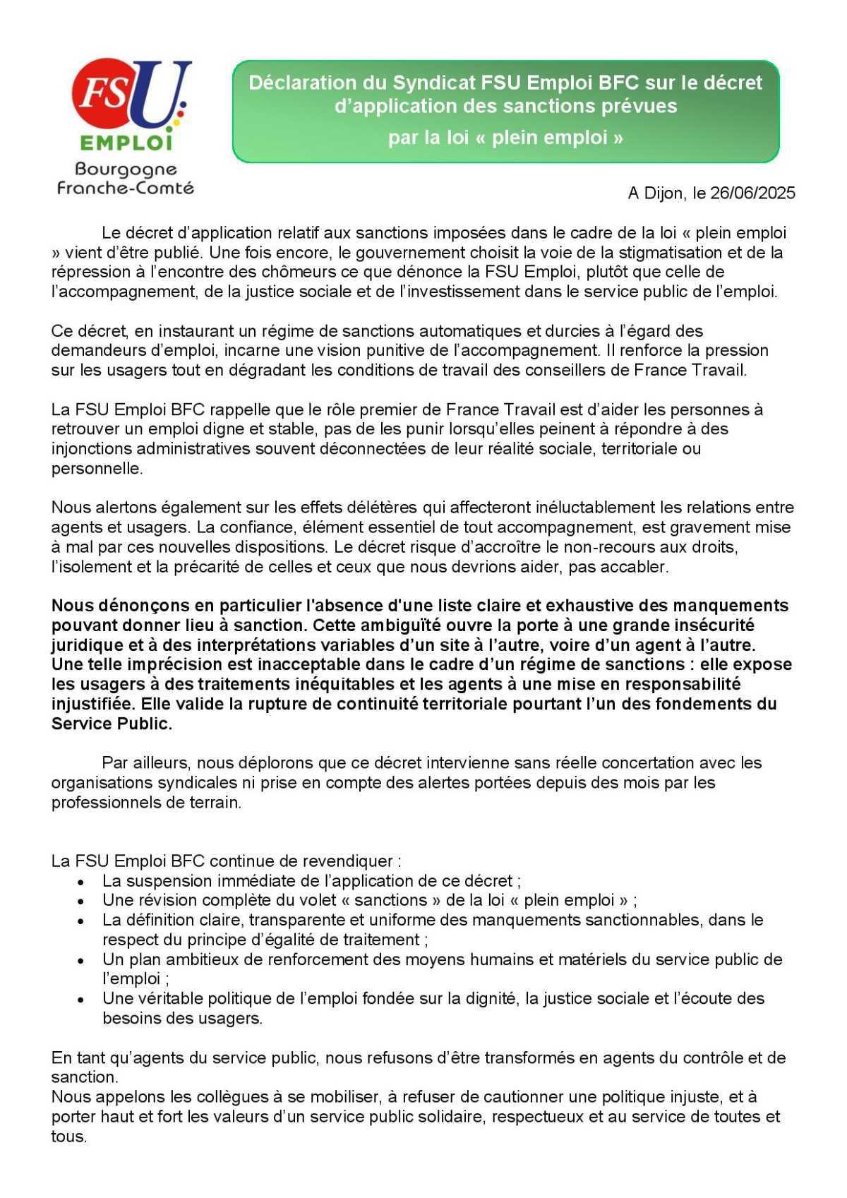 Déclaration du Syndicat FSU Emploi BFC sur le décret d’application des sanctions prévues par la loi « plein emploi »