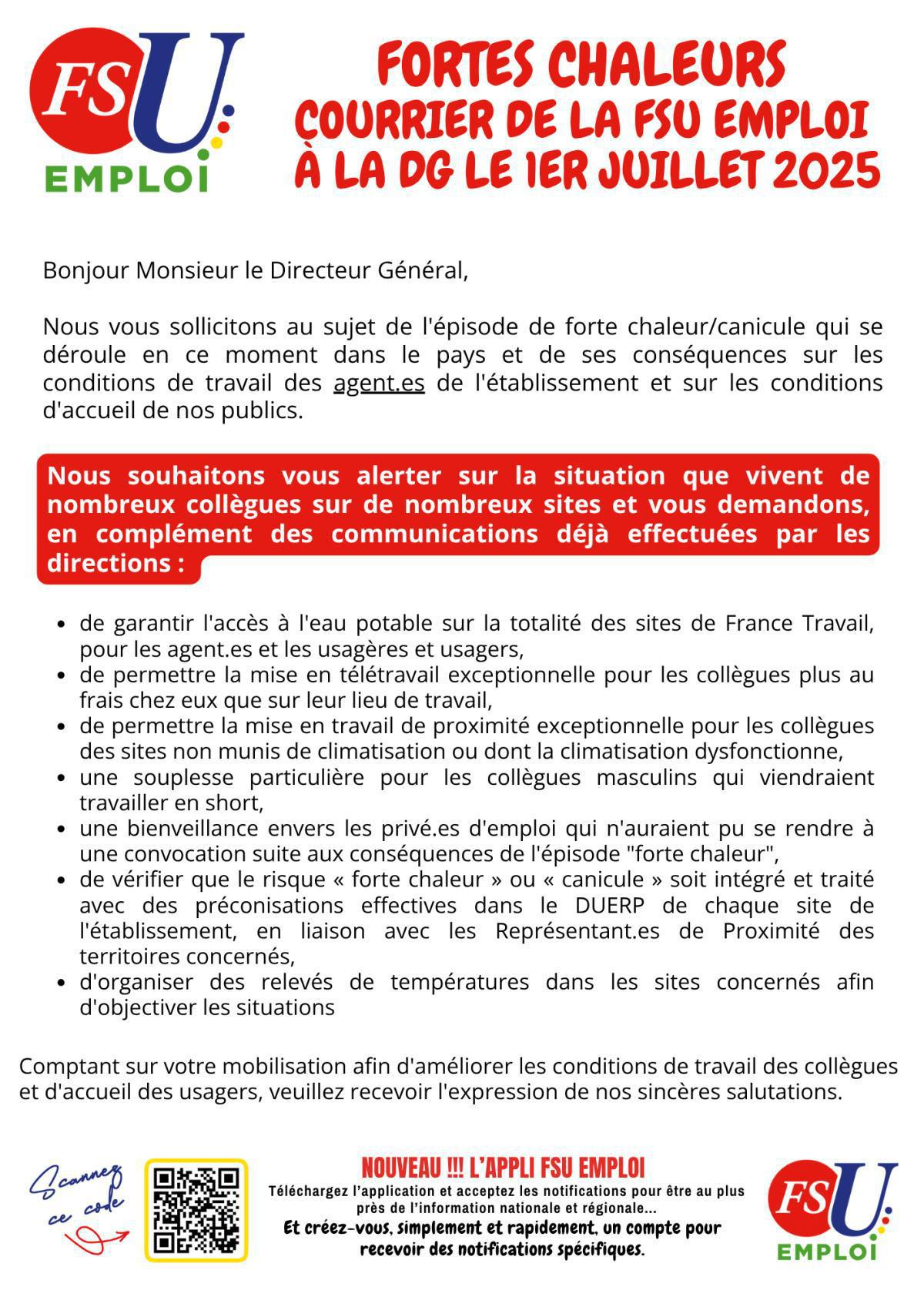 Fortes chaleurs : courrier de la FSU Emploi au DG Fortes chaleurs : courrier de la FSU Emploi au DG