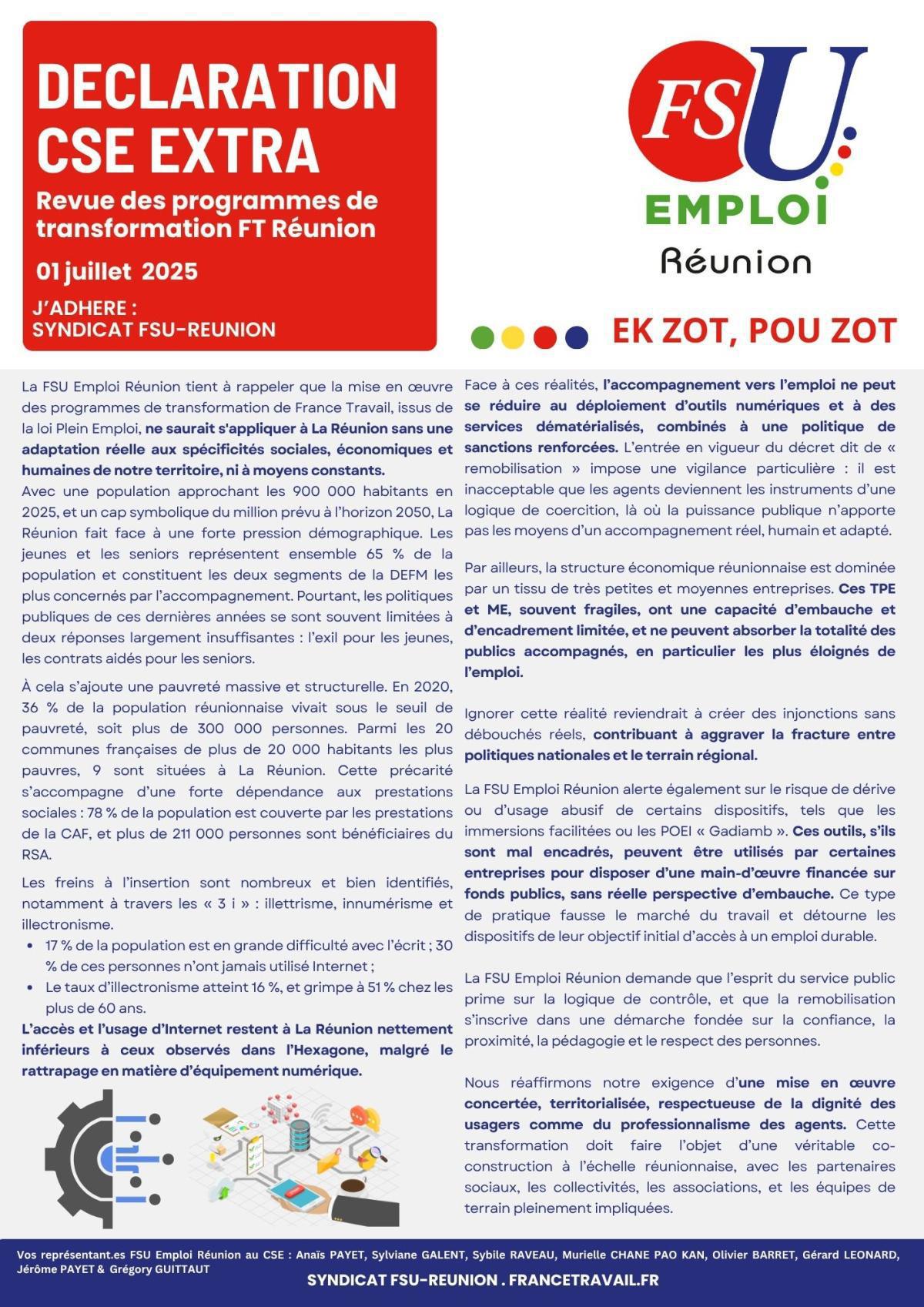 Déclaration de la FSU Emploi Réunion au CSE Extra du 1er juillet 2025 Déclaration de la FSU Emploi Réunion au CSE Extra du 1er juillet 2025
